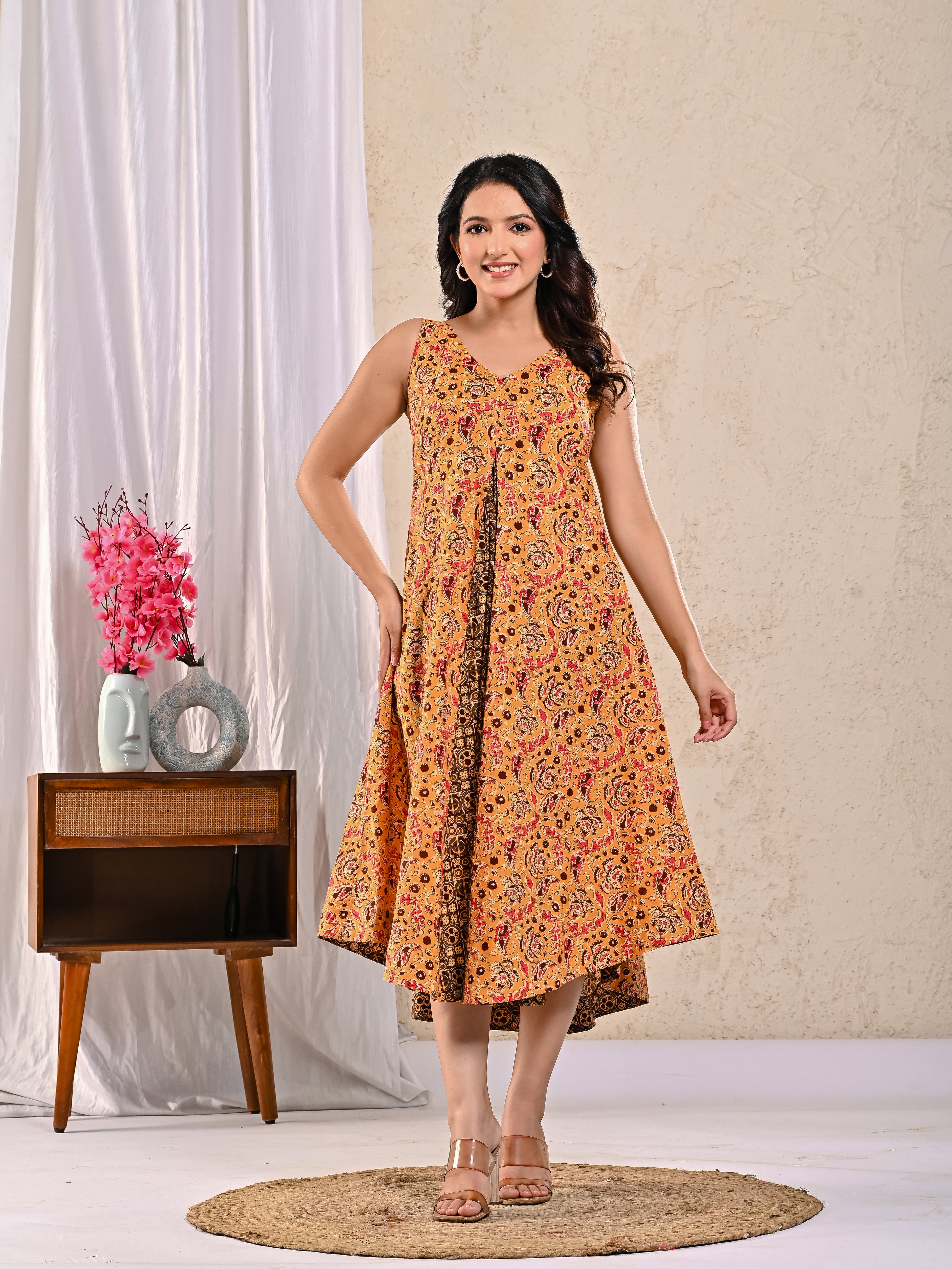 Noodle Strap Dress in Kalamkari Ajrakh Print