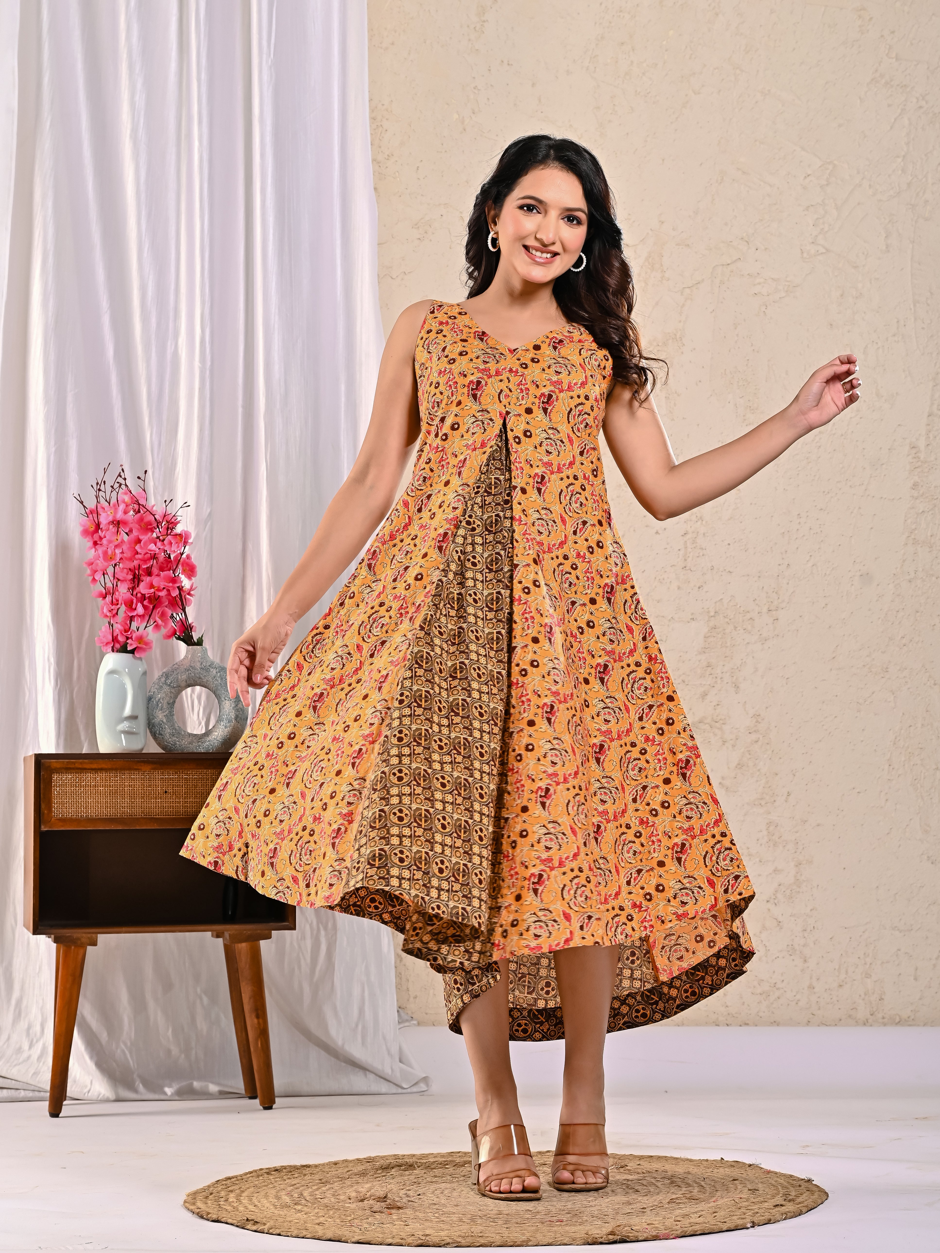 Noodle Strap Dress in Kalamkari Ajrakh Print