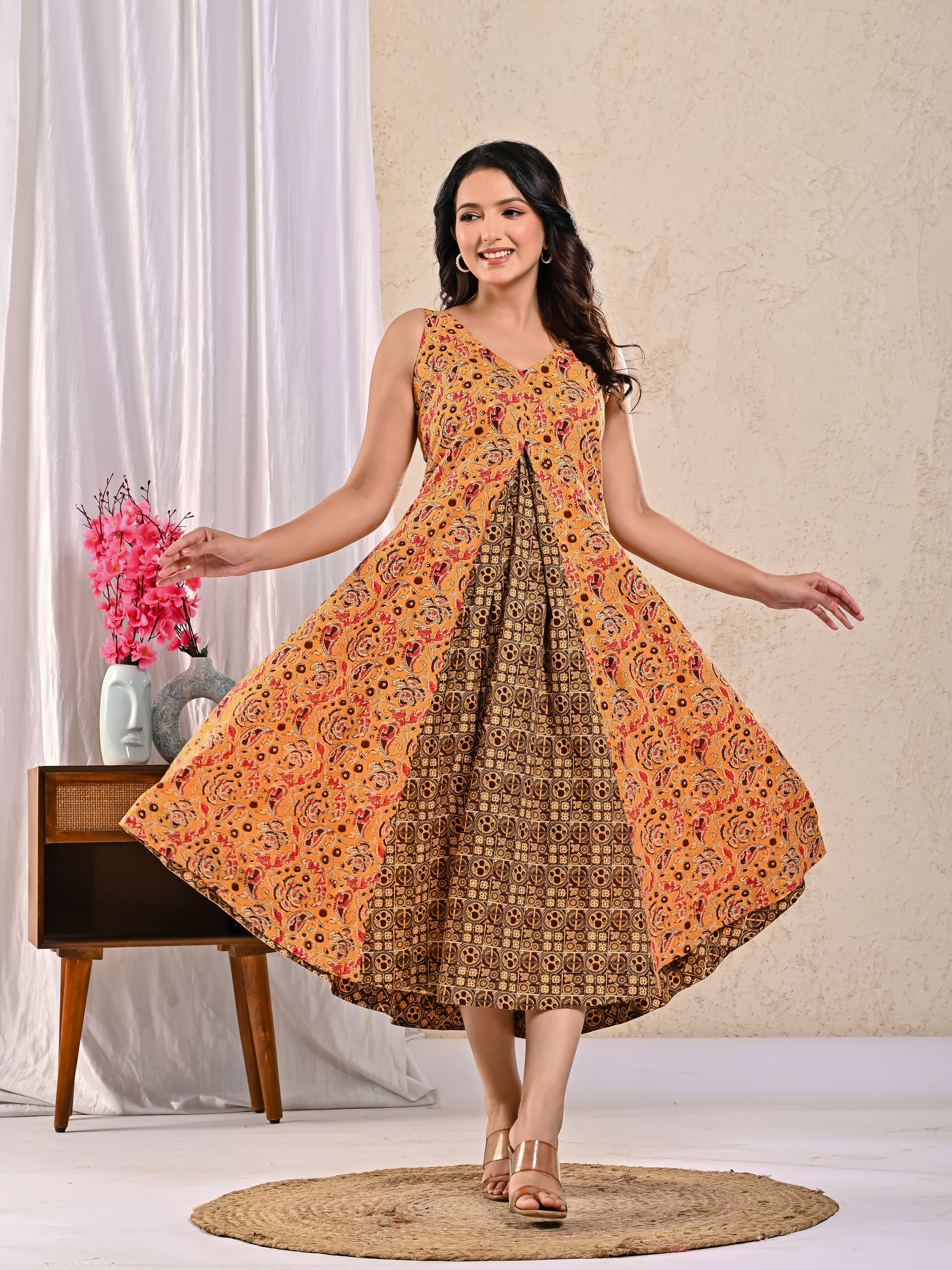 Noodle Strap Dress in Kalamkari Ajrakh Print