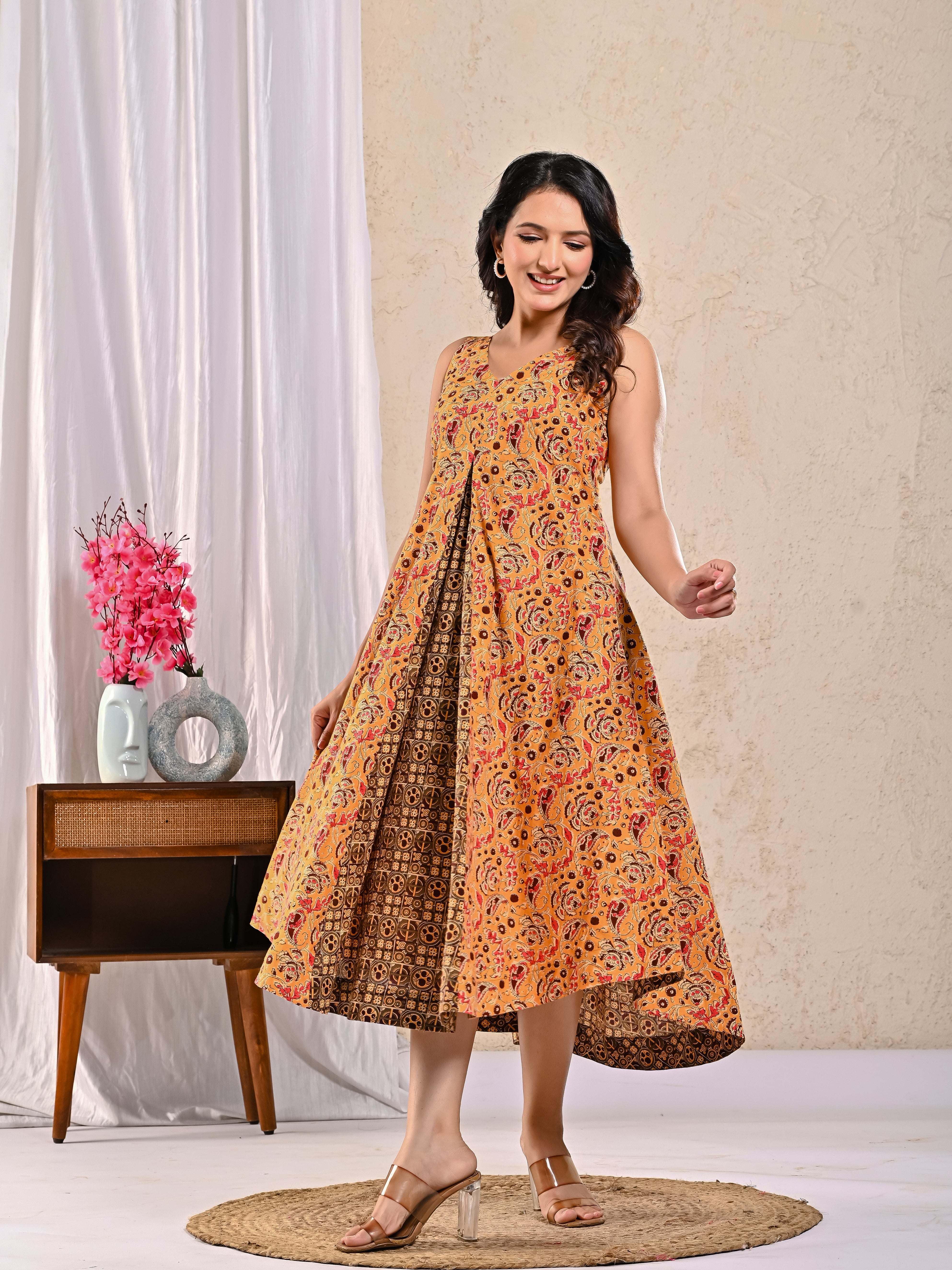 Noodle Strap Dress in Kalamkari Ajrakh Print