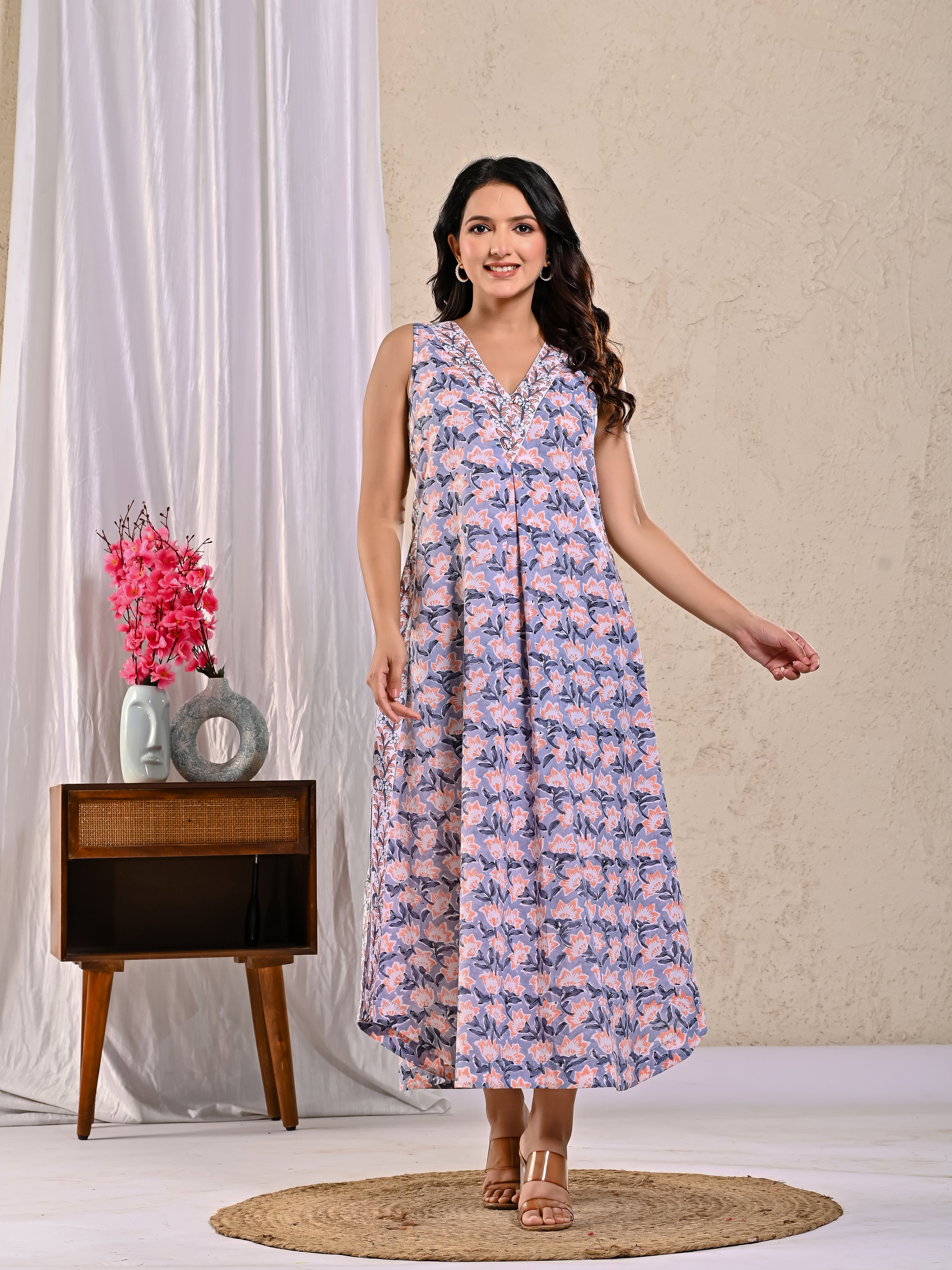 V Neck Block Print Ethnic