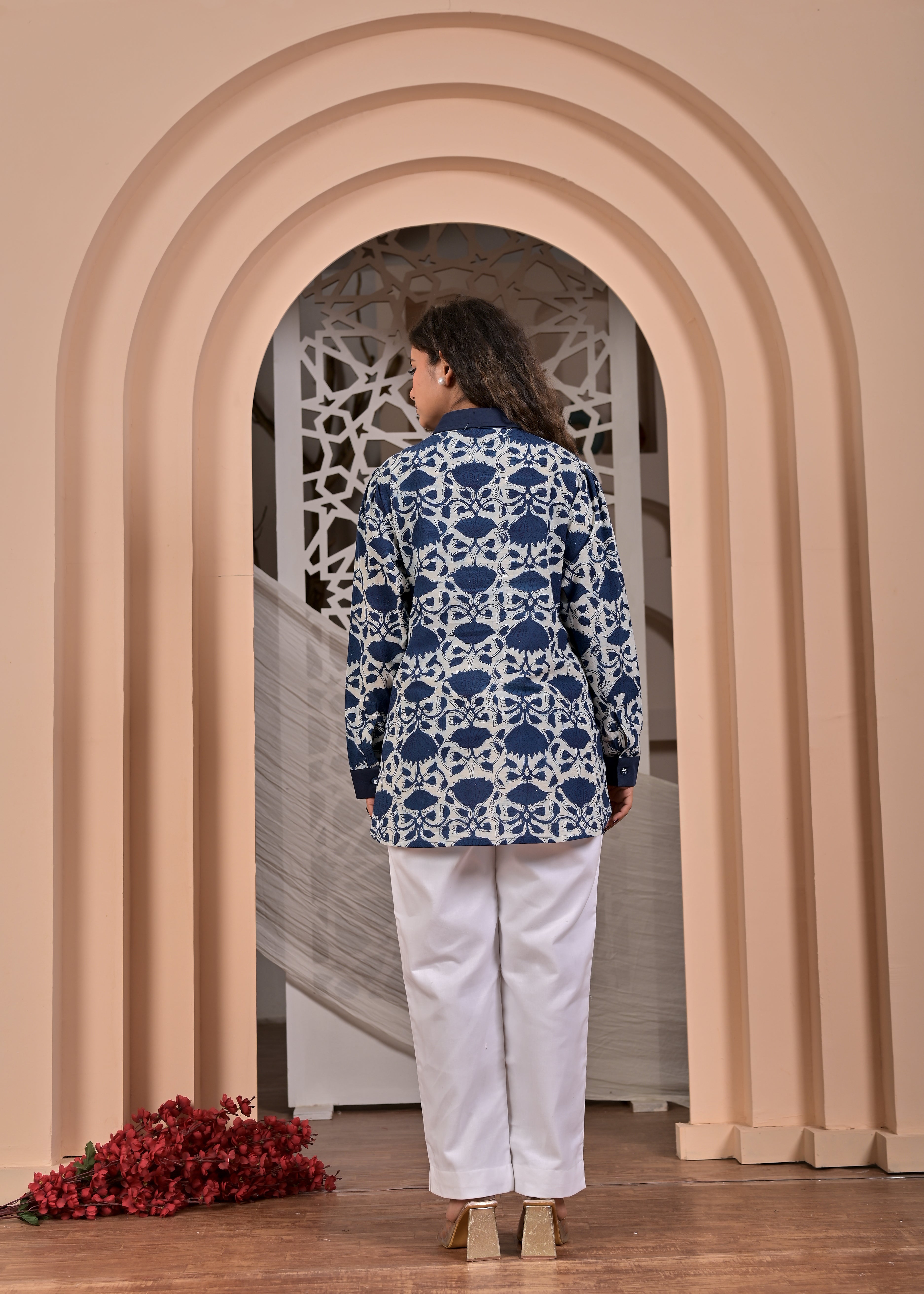 Indigo Blossom: Hand-Block Printed Cotton Shirt with Organza Floral Embroidery