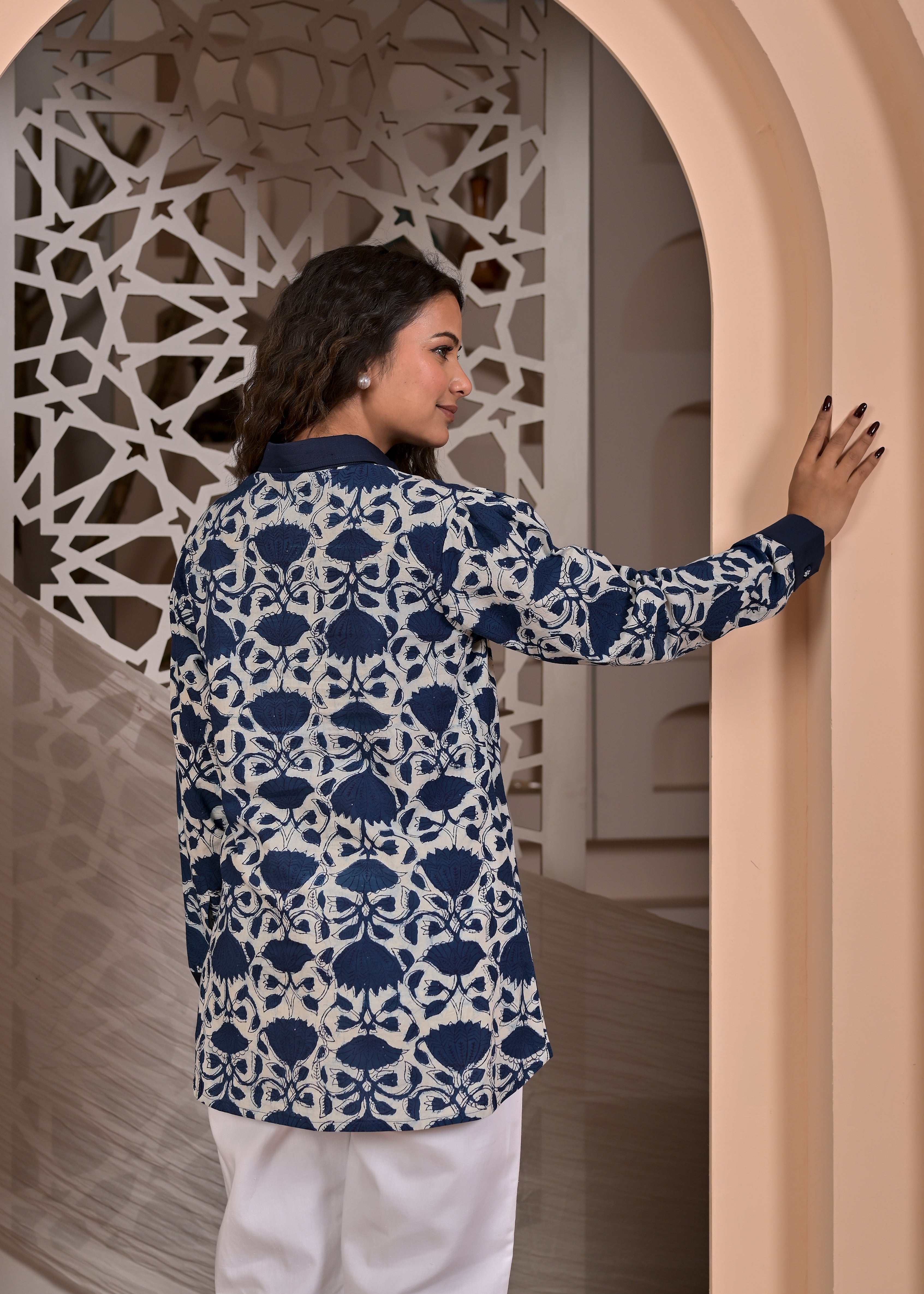 Indigo Blossom: Hand-Block Printed Cotton Shirt with Organza Floral Embroidery