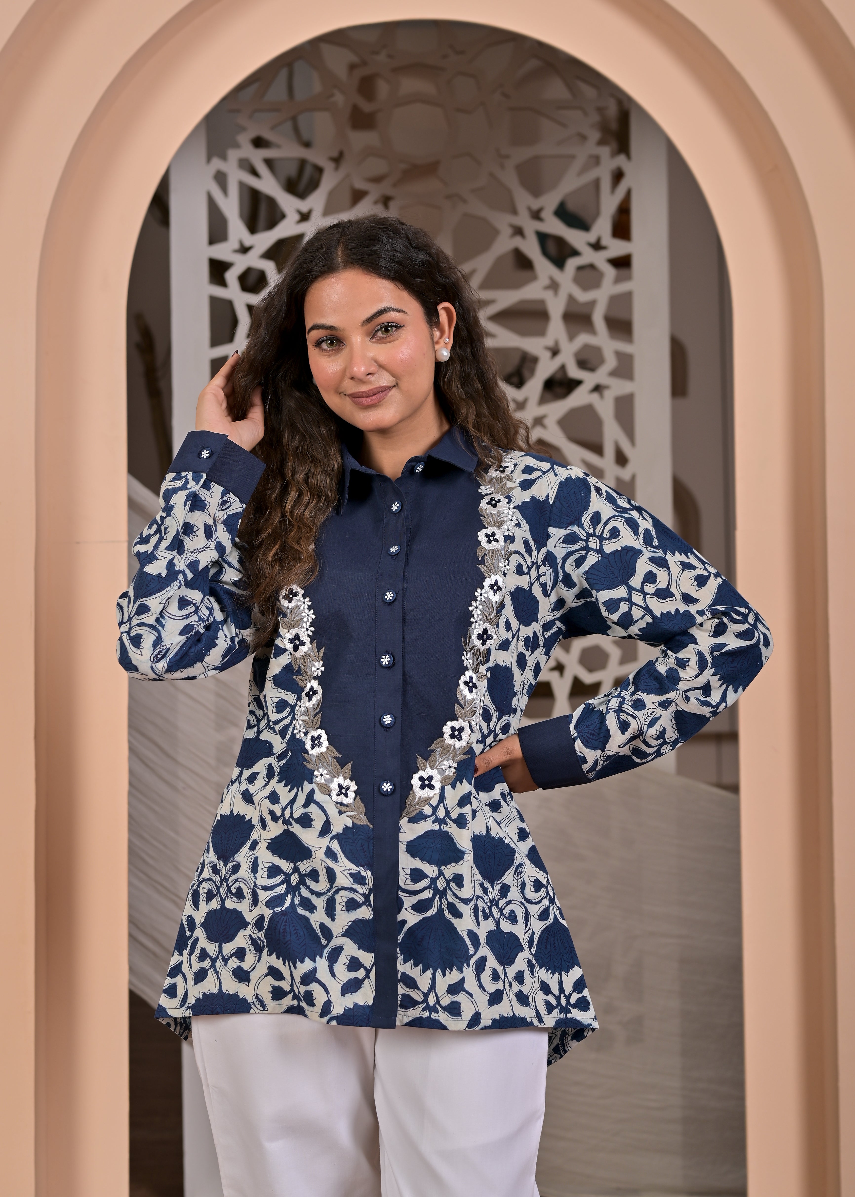 Indigo Blossom: Hand-Block Printed Cotton Shirt with Organza Floral Embroidery