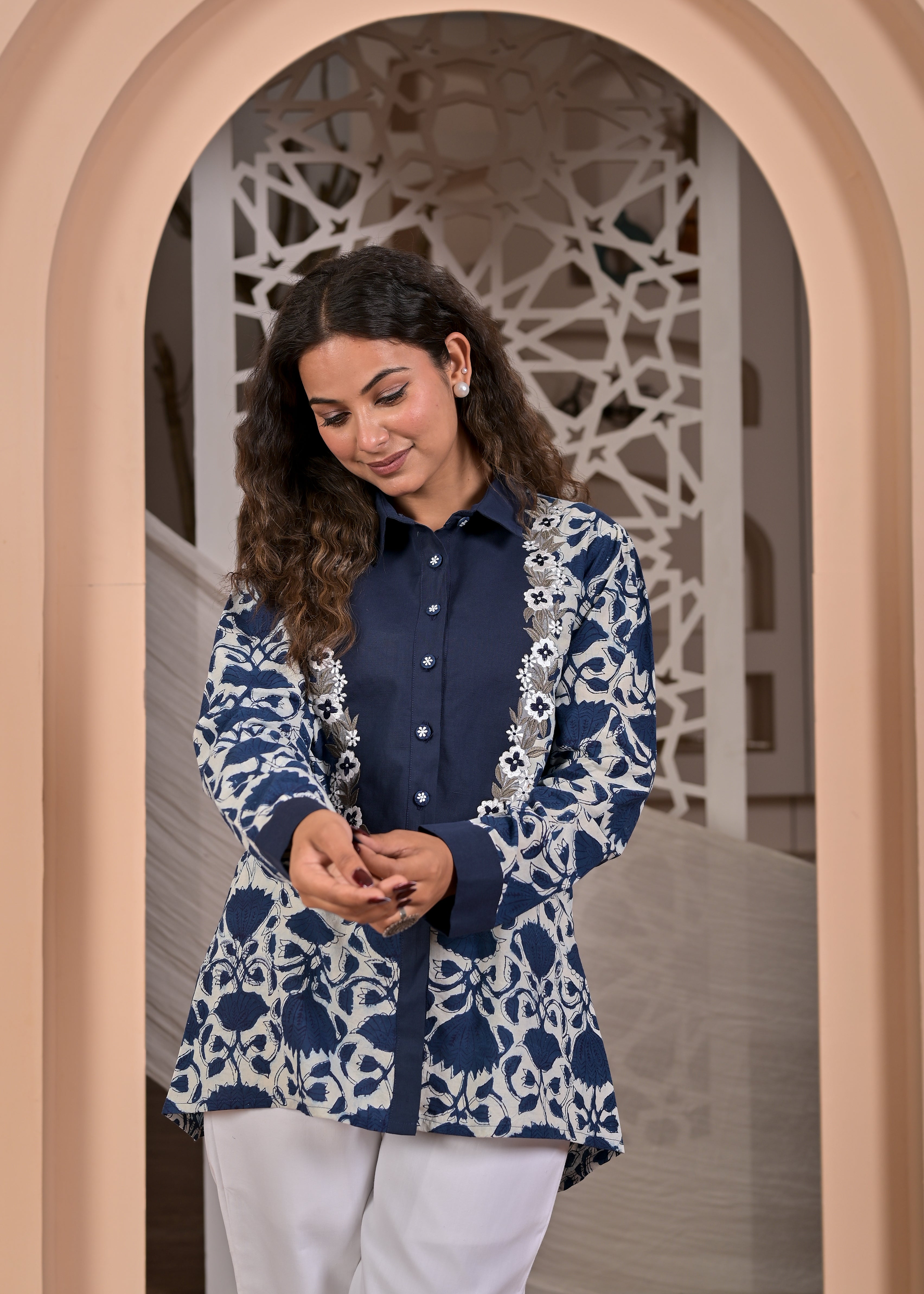 Indigo Blossom: Hand-Block Printed Cotton Shirt with Organza Floral Embroidery