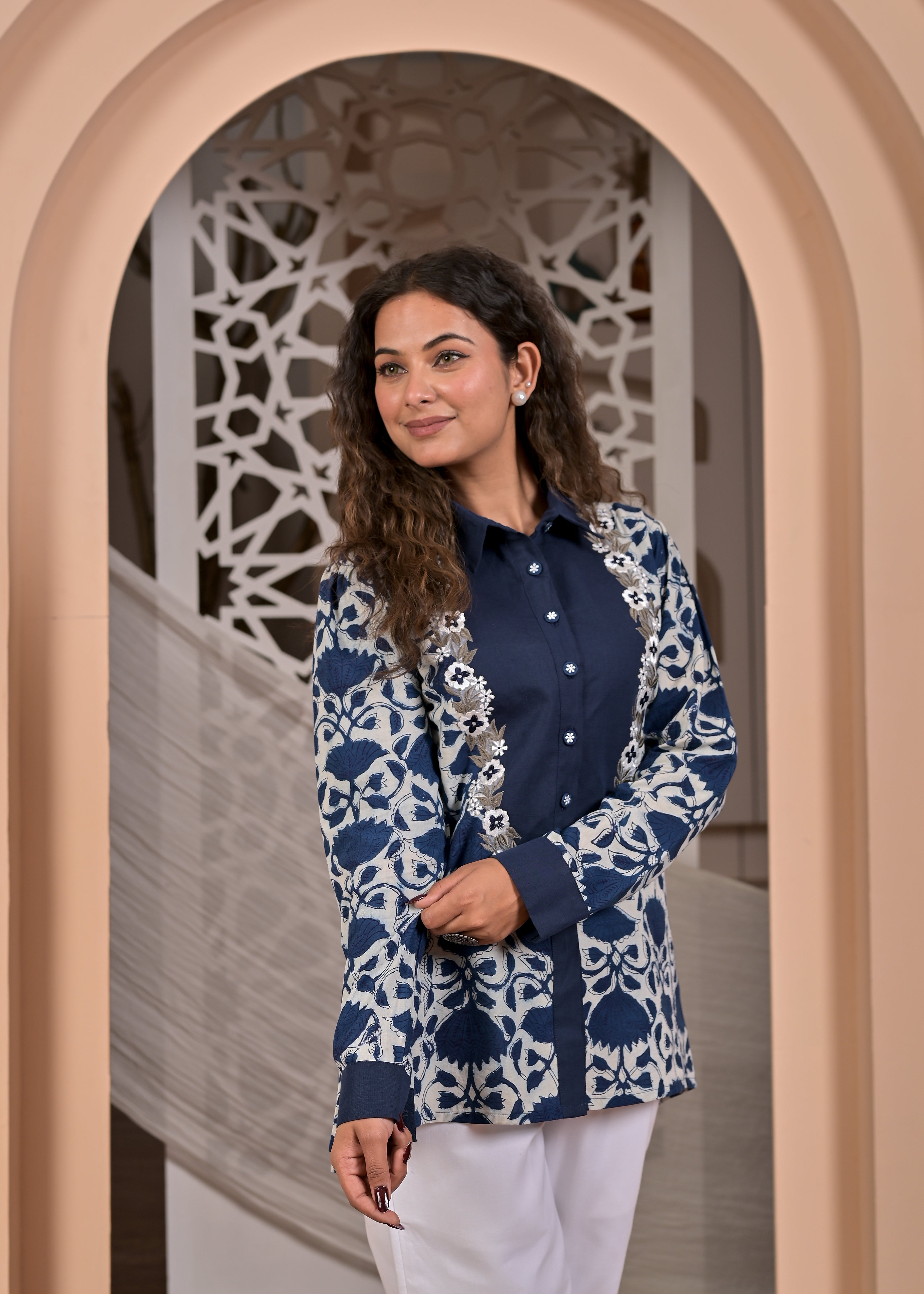 Indigo Blossom: Hand-Block Printed Cotton Shirt with Organza Floral Embroidery