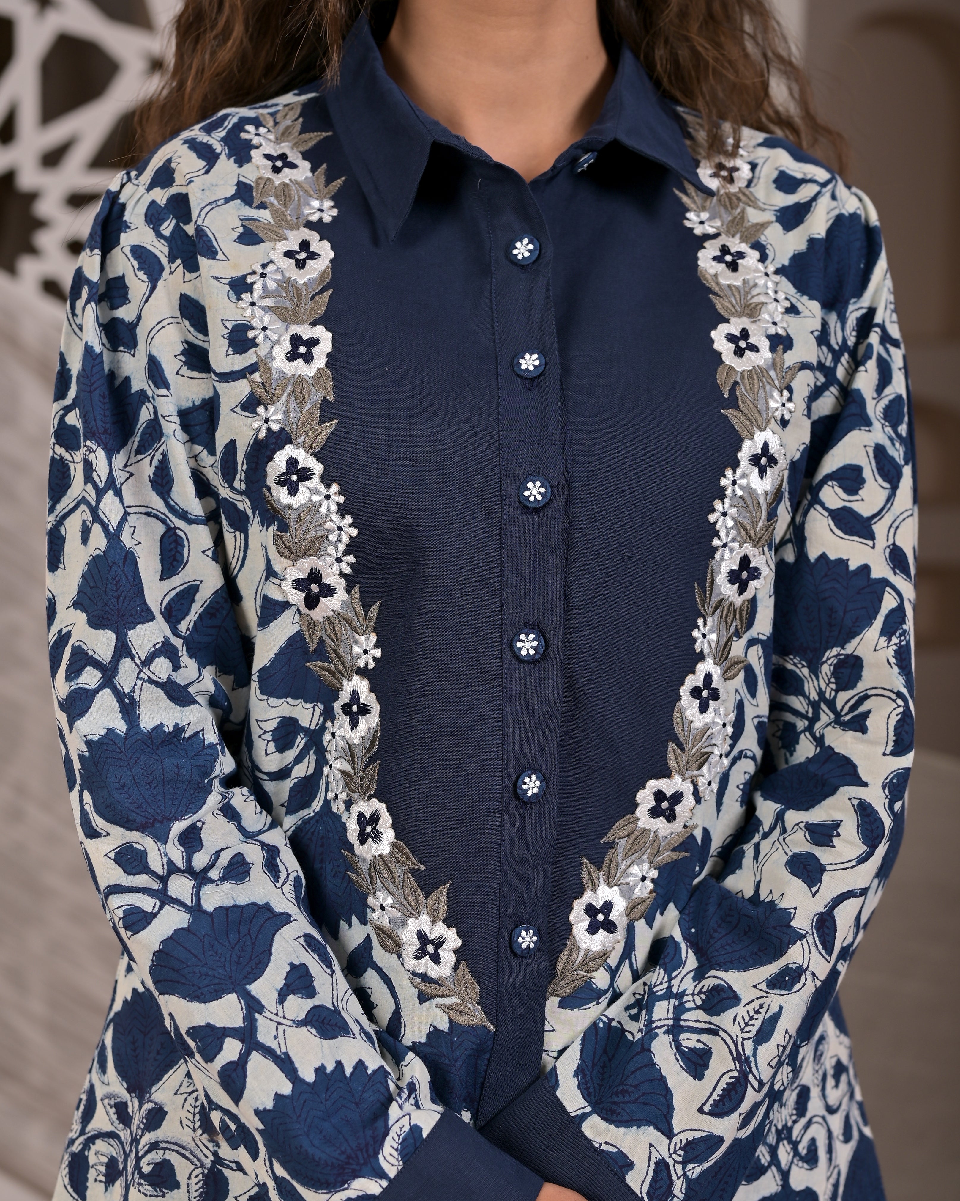 Indigo Blossom: Hand-Block Printed Cotton Shirt with Organza Floral Embroidery