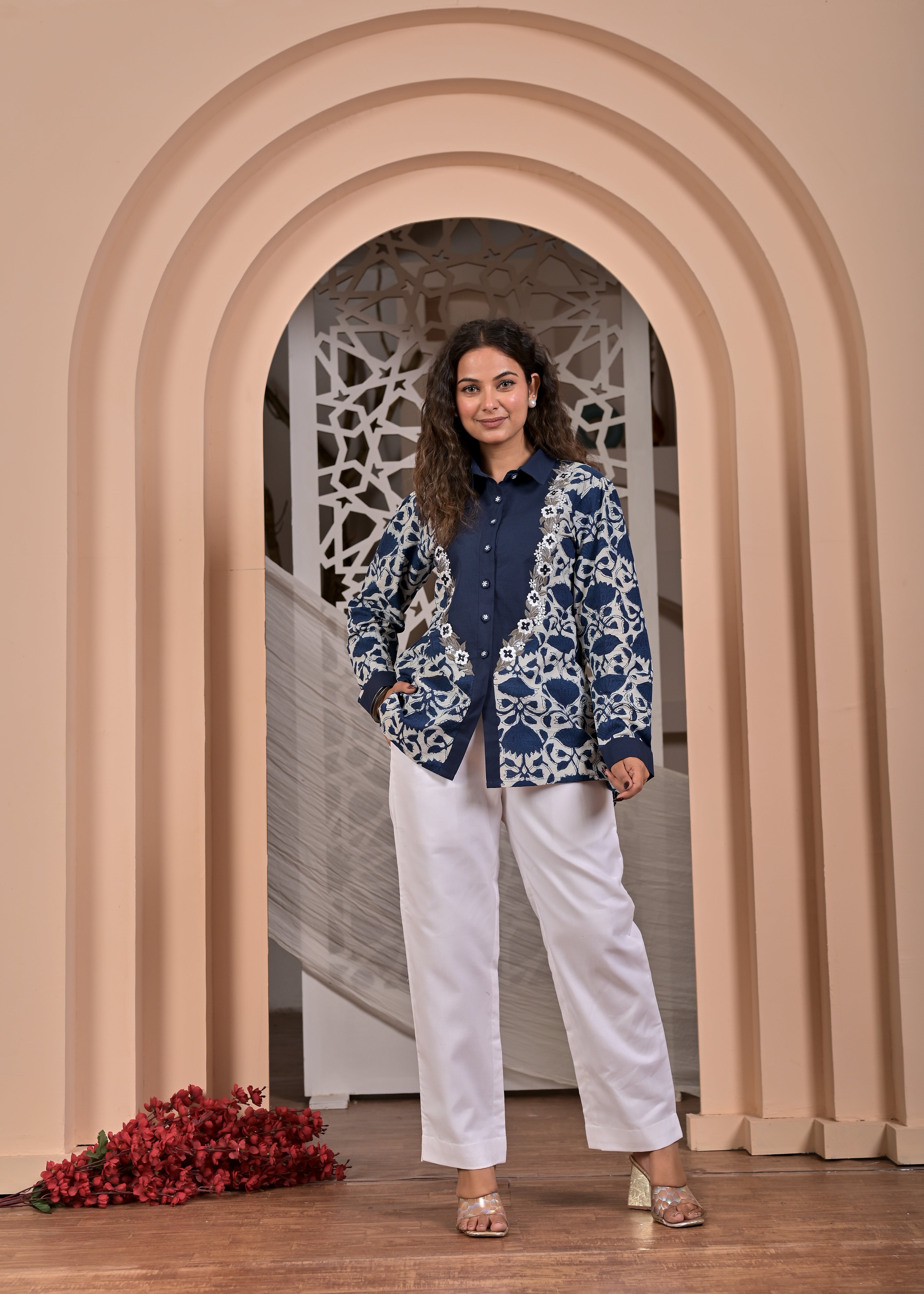 Indigo Blossom: Hand-Block Printed Cotton Shirt with Organza Floral Embroidery