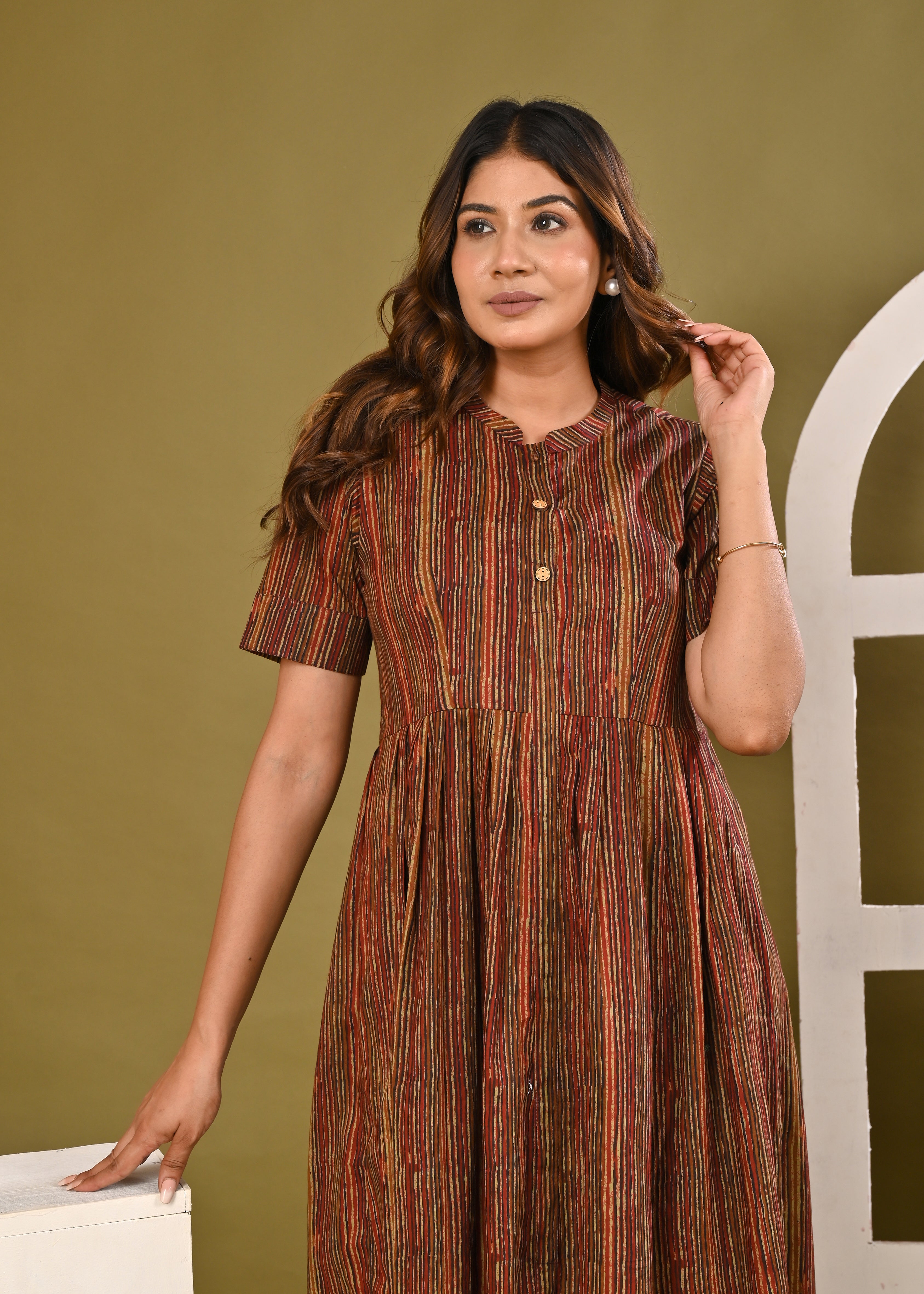 Dark Oak & Cream Striped Cotton Midi Skirt