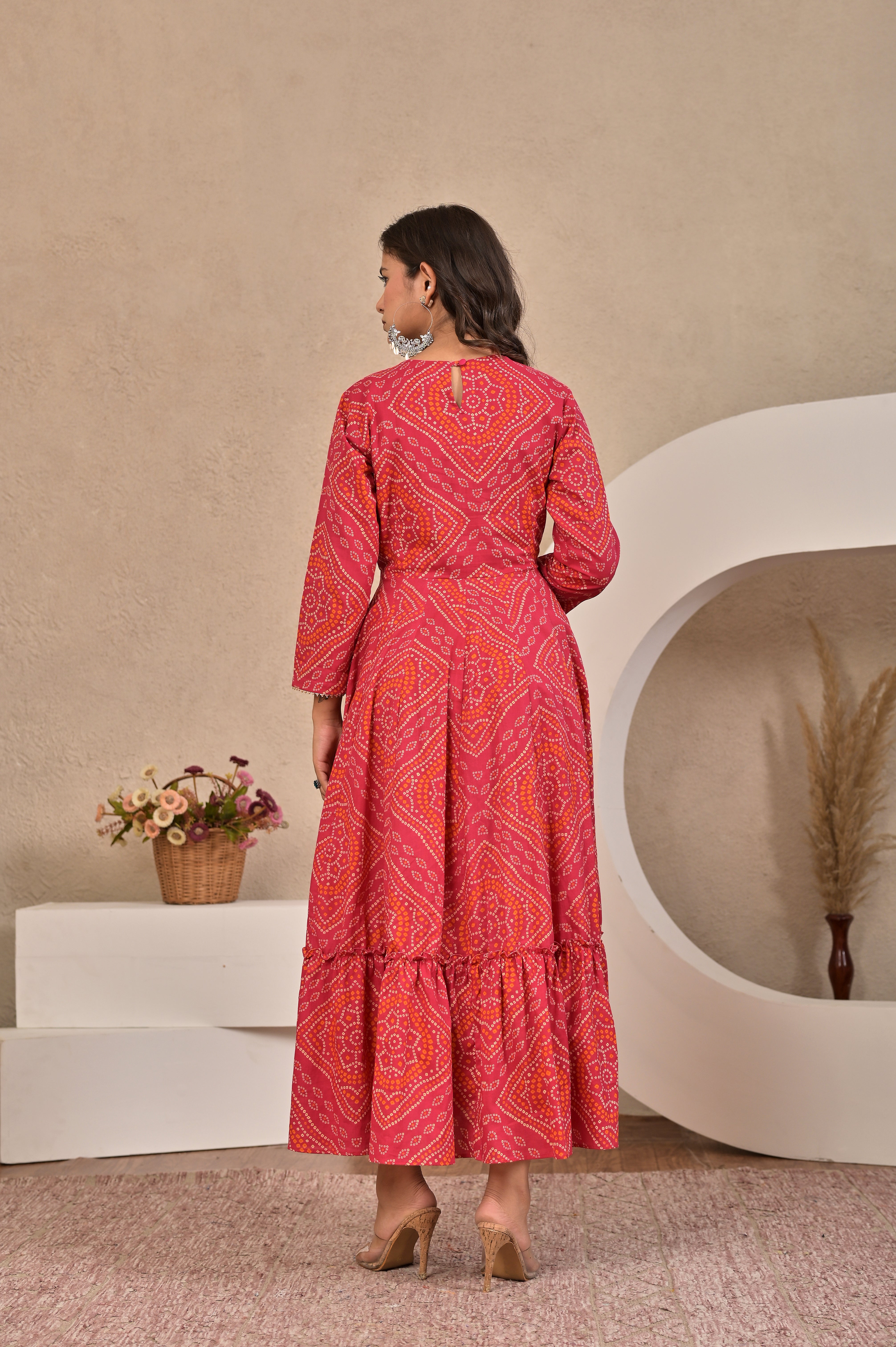 The Noor Collection : Crimson Red Bandhej Festive Gown with Intricate Handwork Neck