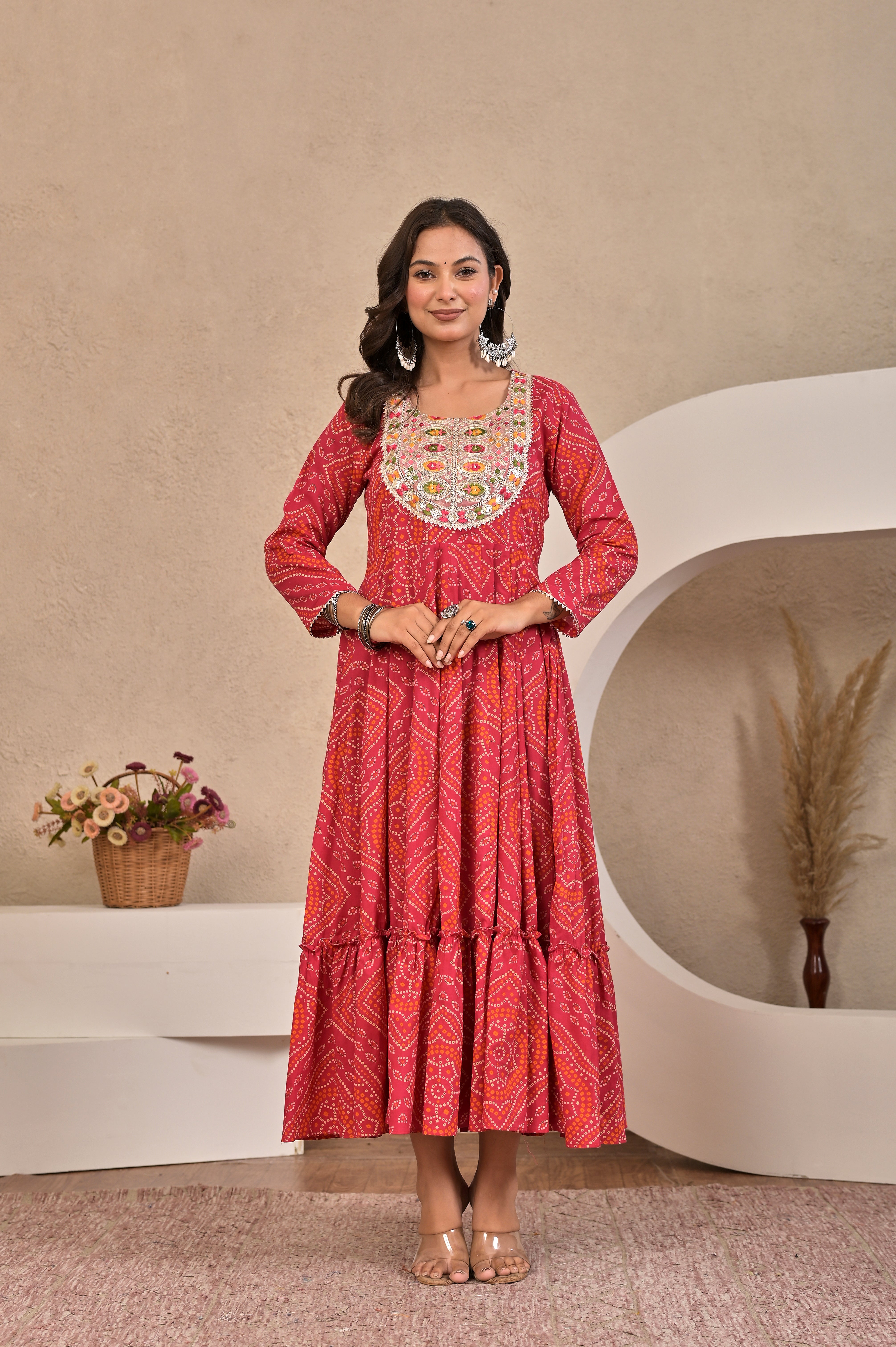 The Noor Collection : Crimson Red Bandhej Festive Gown with Intricate Handwork Neck
