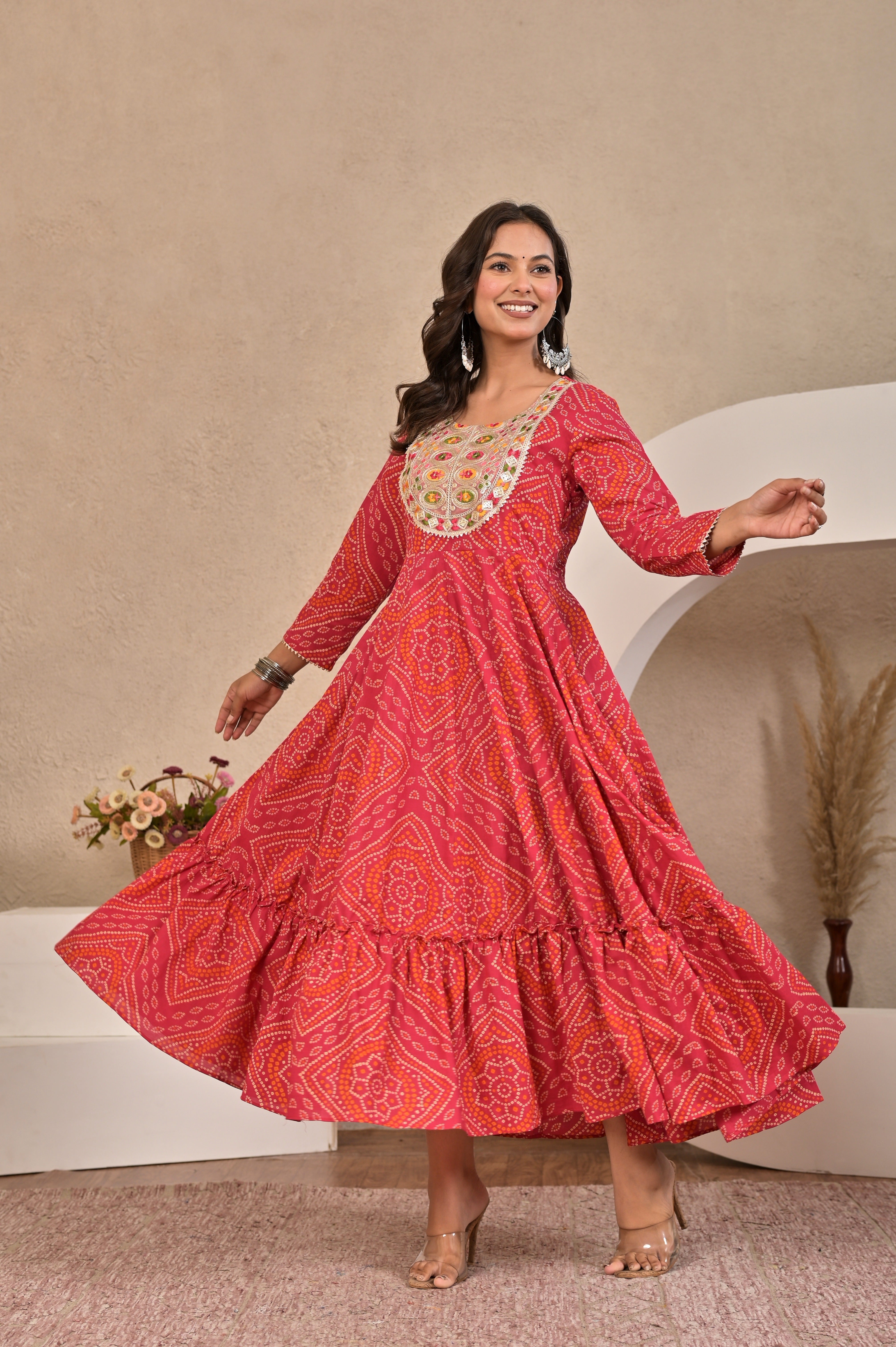 The Noor Collection : Crimson Red Bandhej Festive Gown with Intricate Handwork Neck