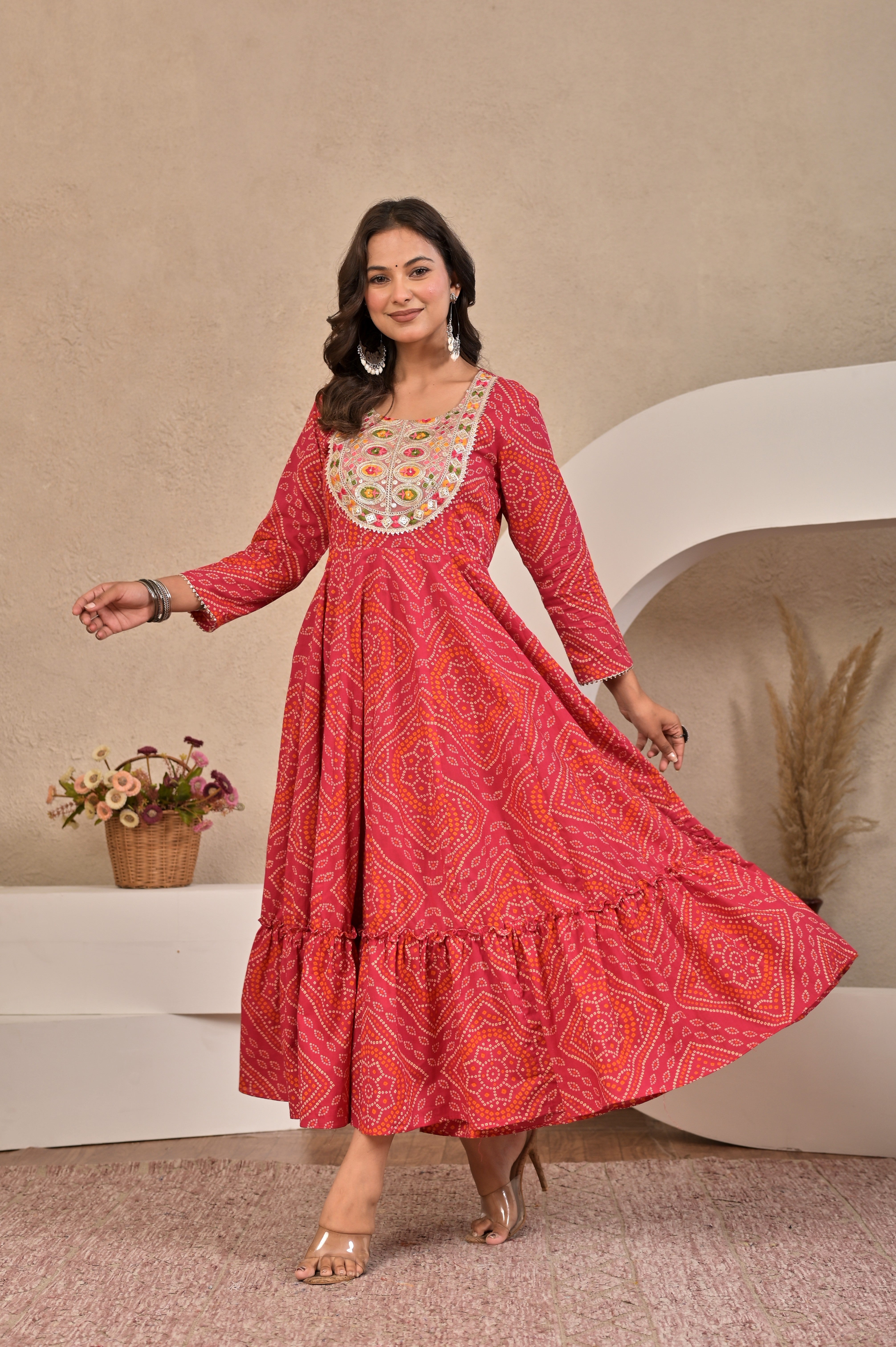 The Noor Collection : Crimson Red Bandhej Festive Gown with Intricate Handwork Neck