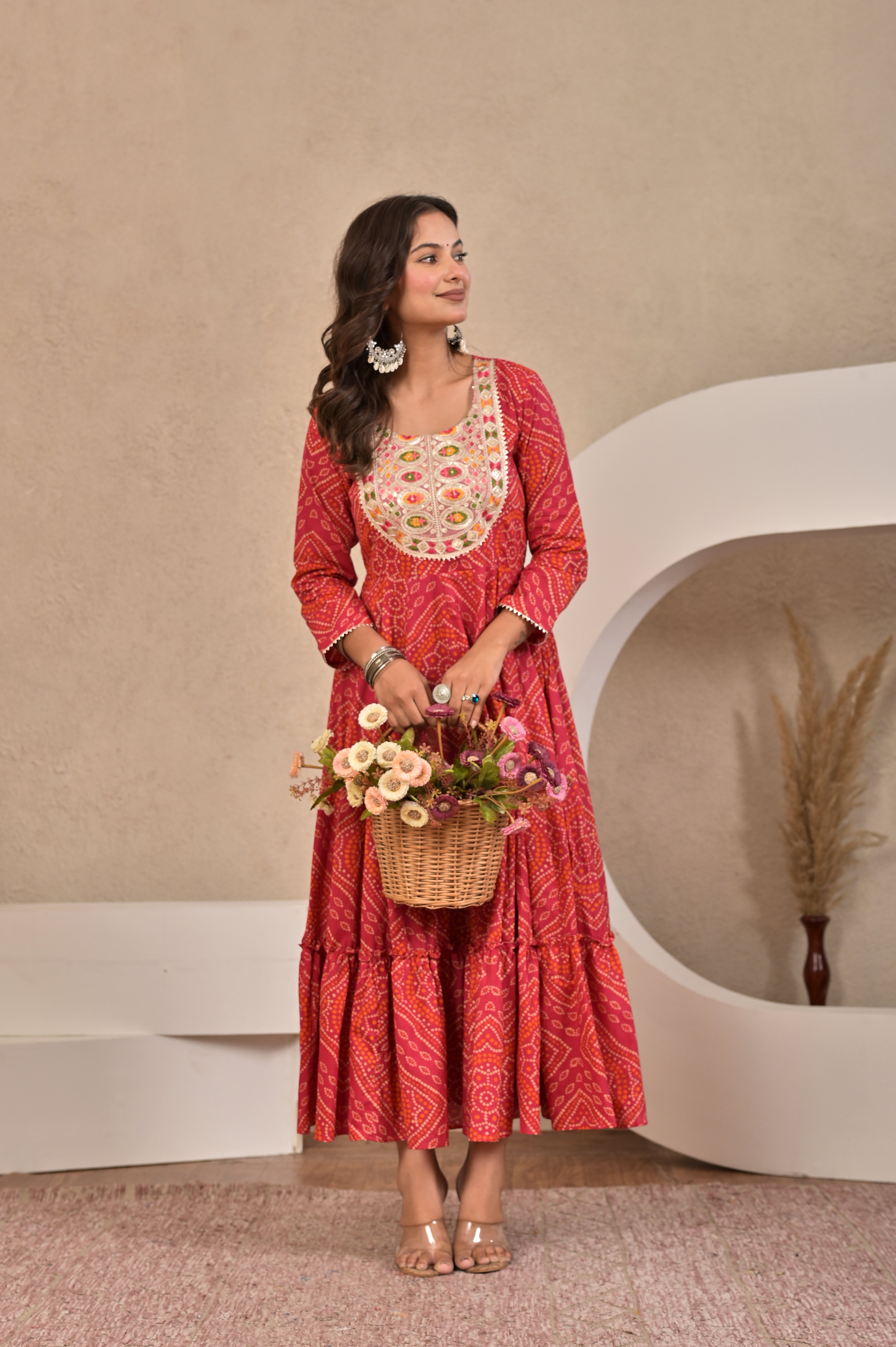 The Noor Collection : Crimson Red Bandhej Festive Gown with Intricate Handwork Neck