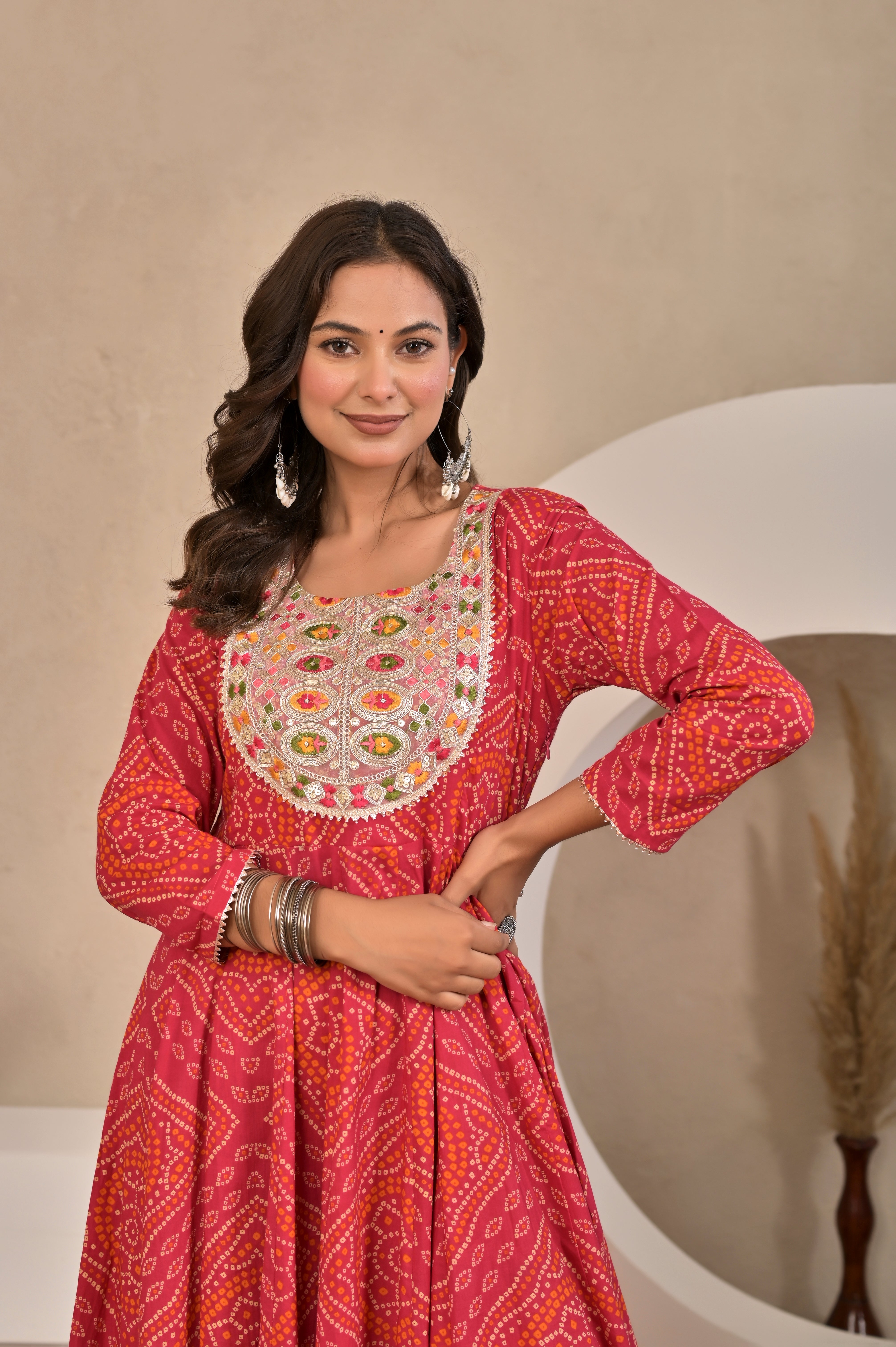 The Noor Collection : Crimson Red Bandhej Festive Gown with Intricate Handwork Neck