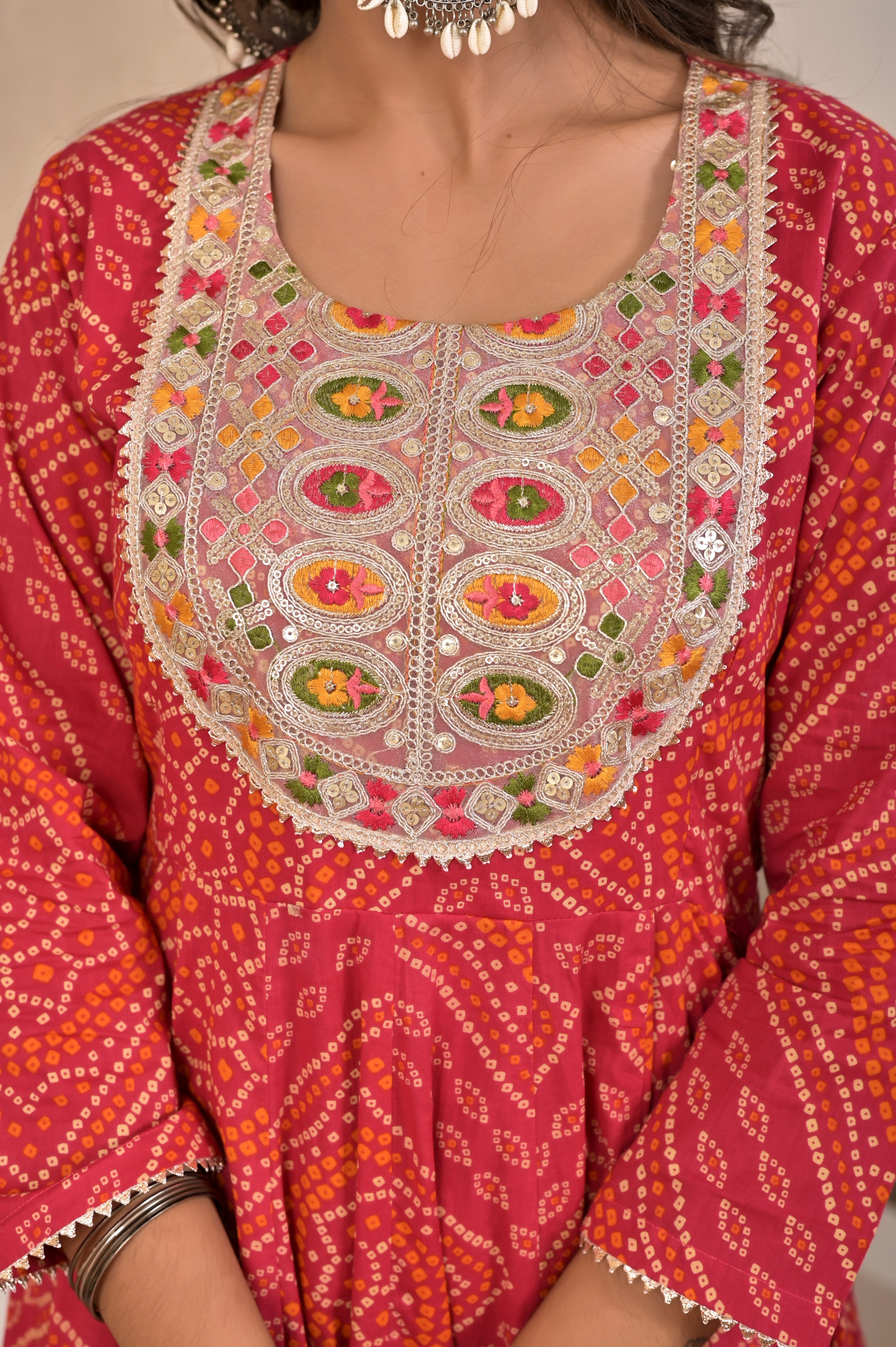 The Noor Collection : Crimson Red Bandhej Festive Gown with Intricate Handwork Neck
