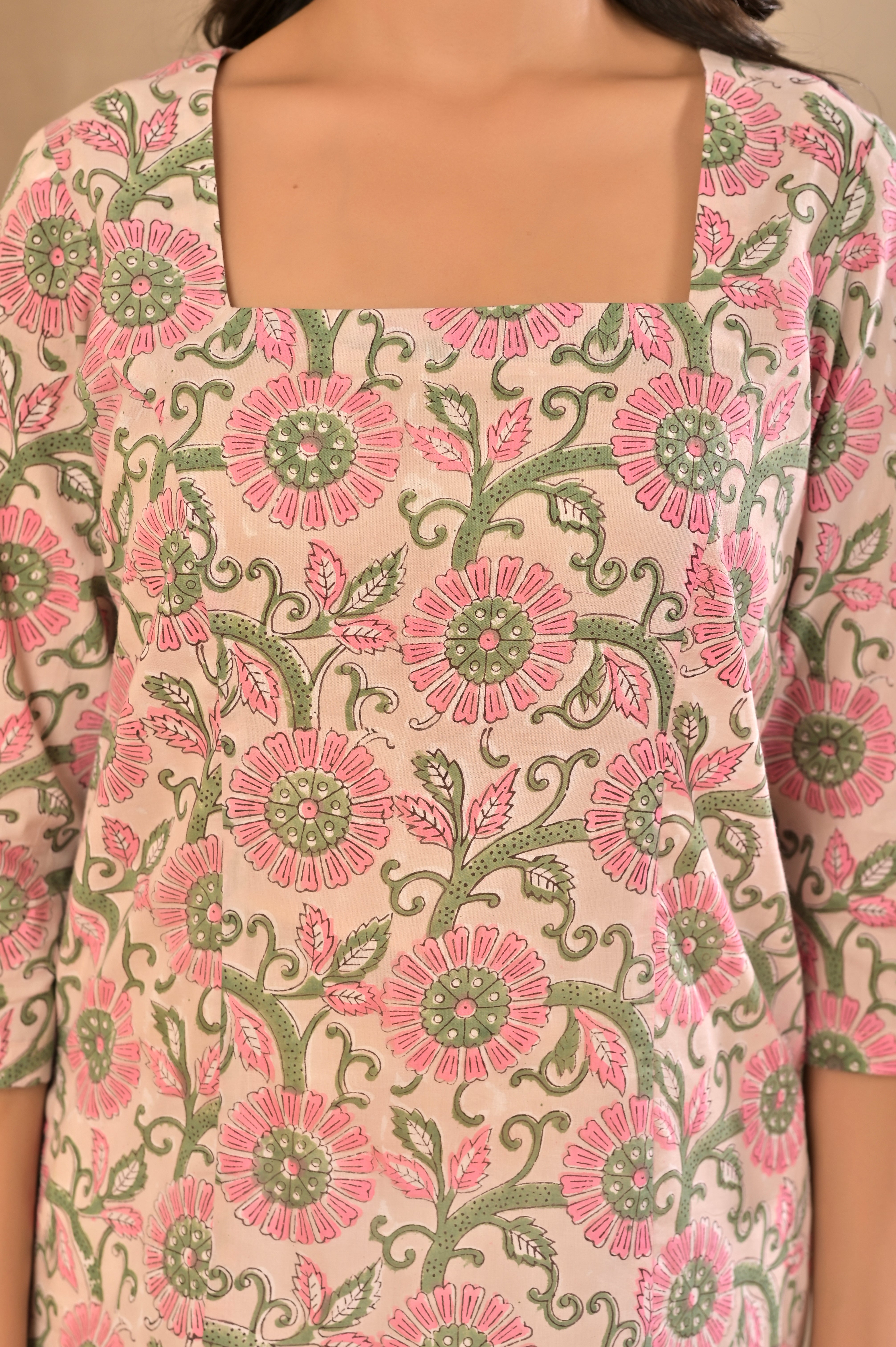 Square Neck Short Kurti – Milky Pink Cotton