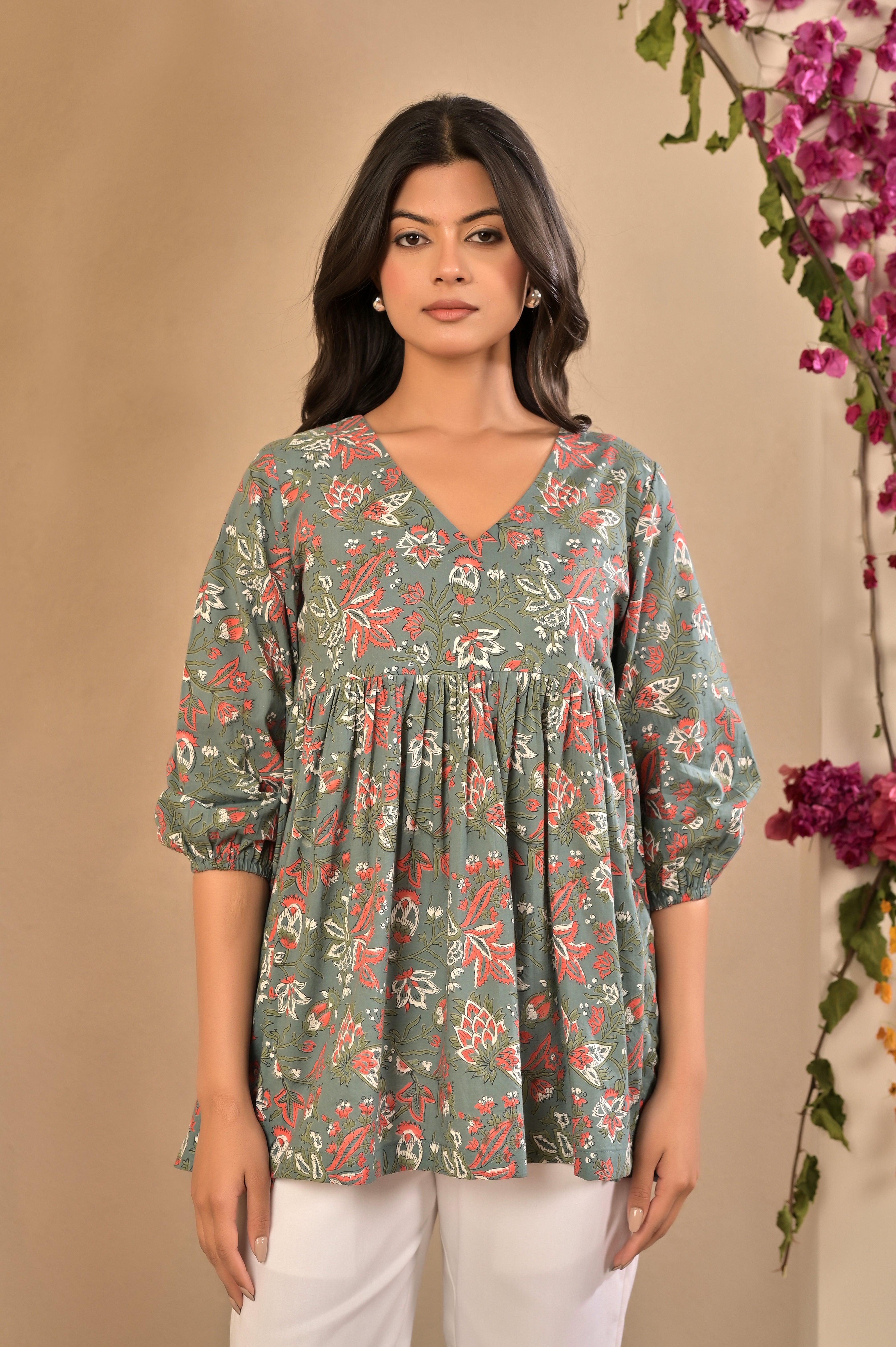 Pleated Cotton Block Print Kurti