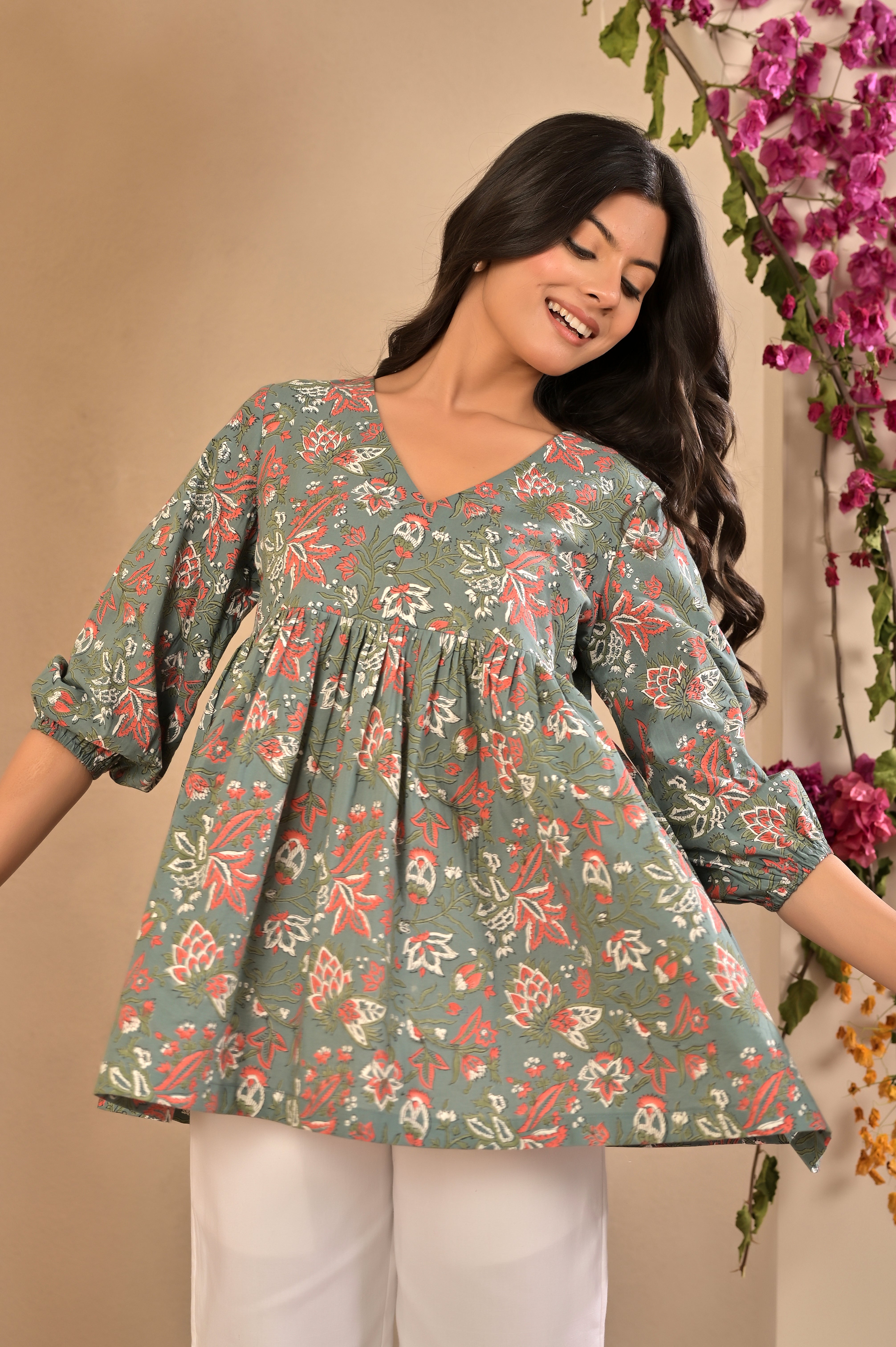 Pleated Cotton Block Print Kurti