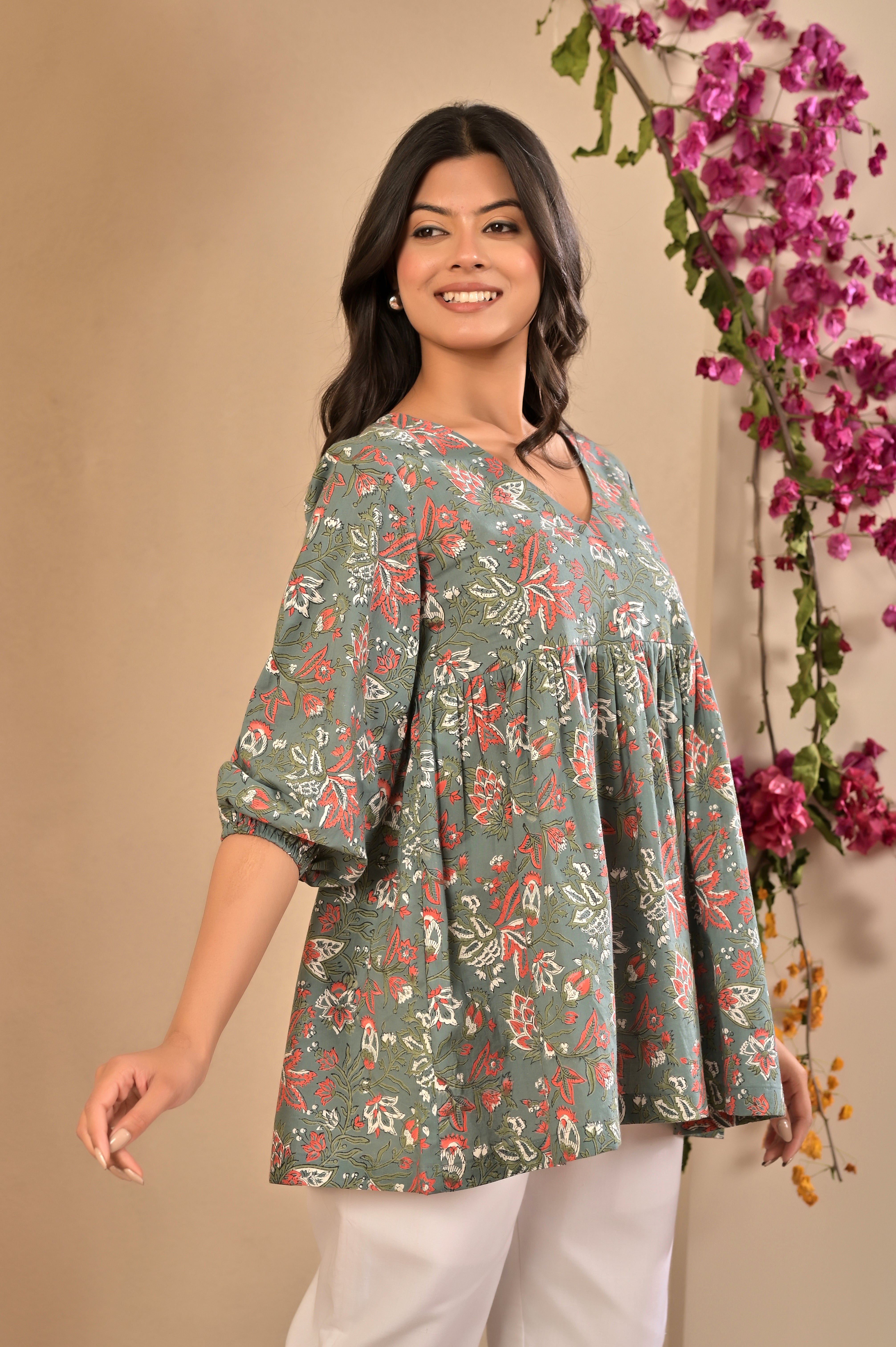 Pleated Cotton Block Print Kurti