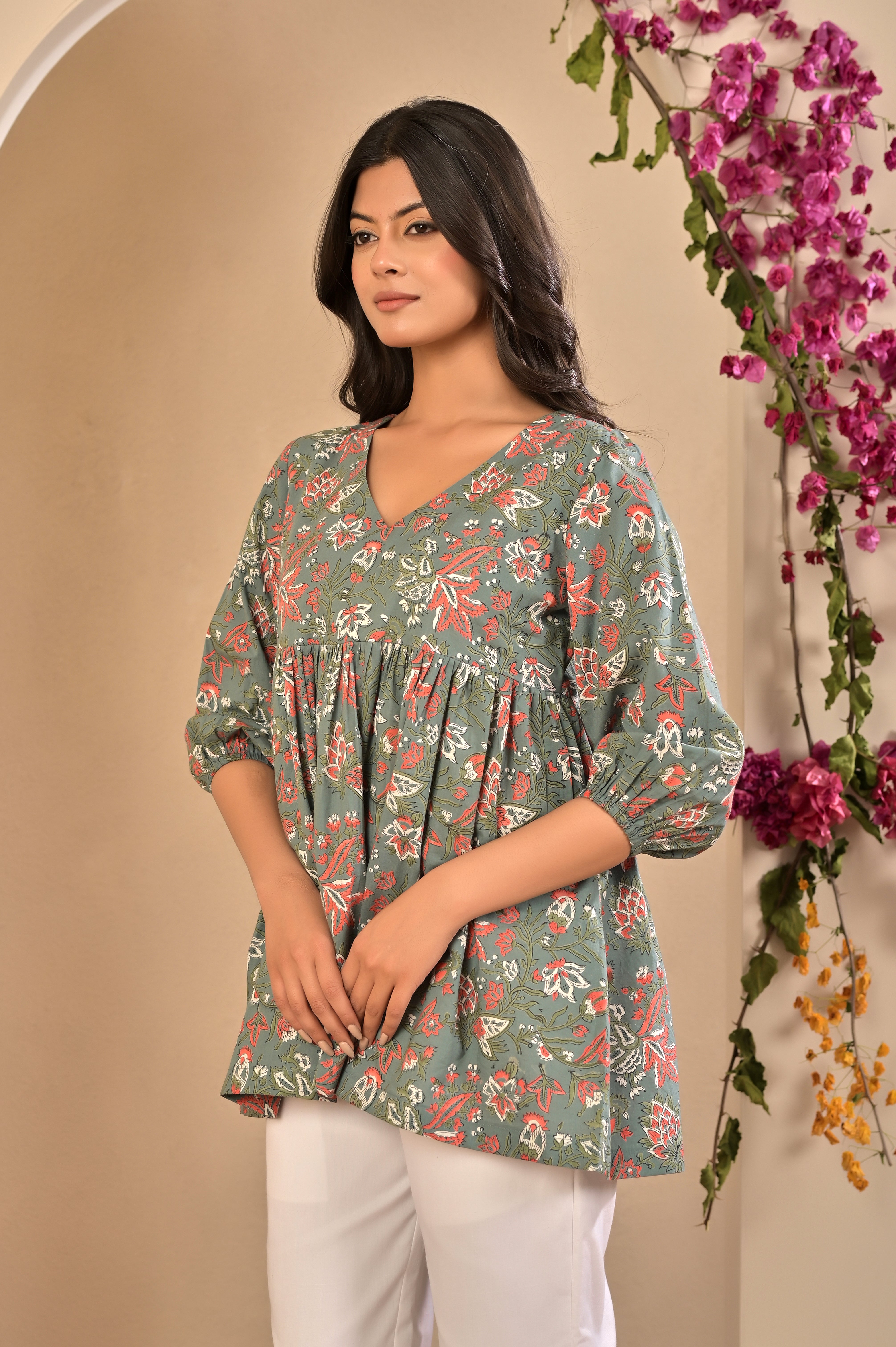 Pleated Cotton Block Print Kurti