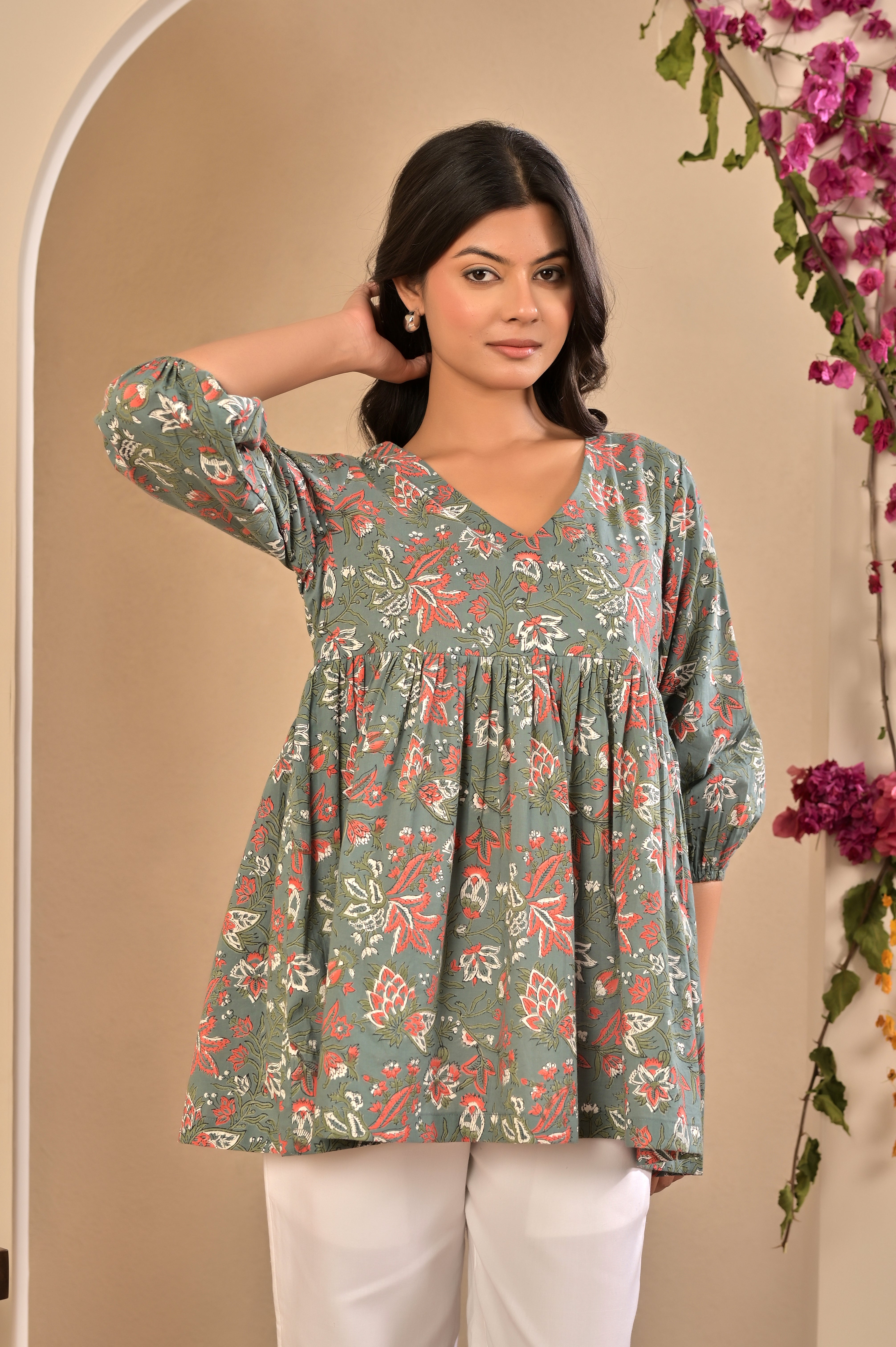 Pleated Cotton Block Print Kurti