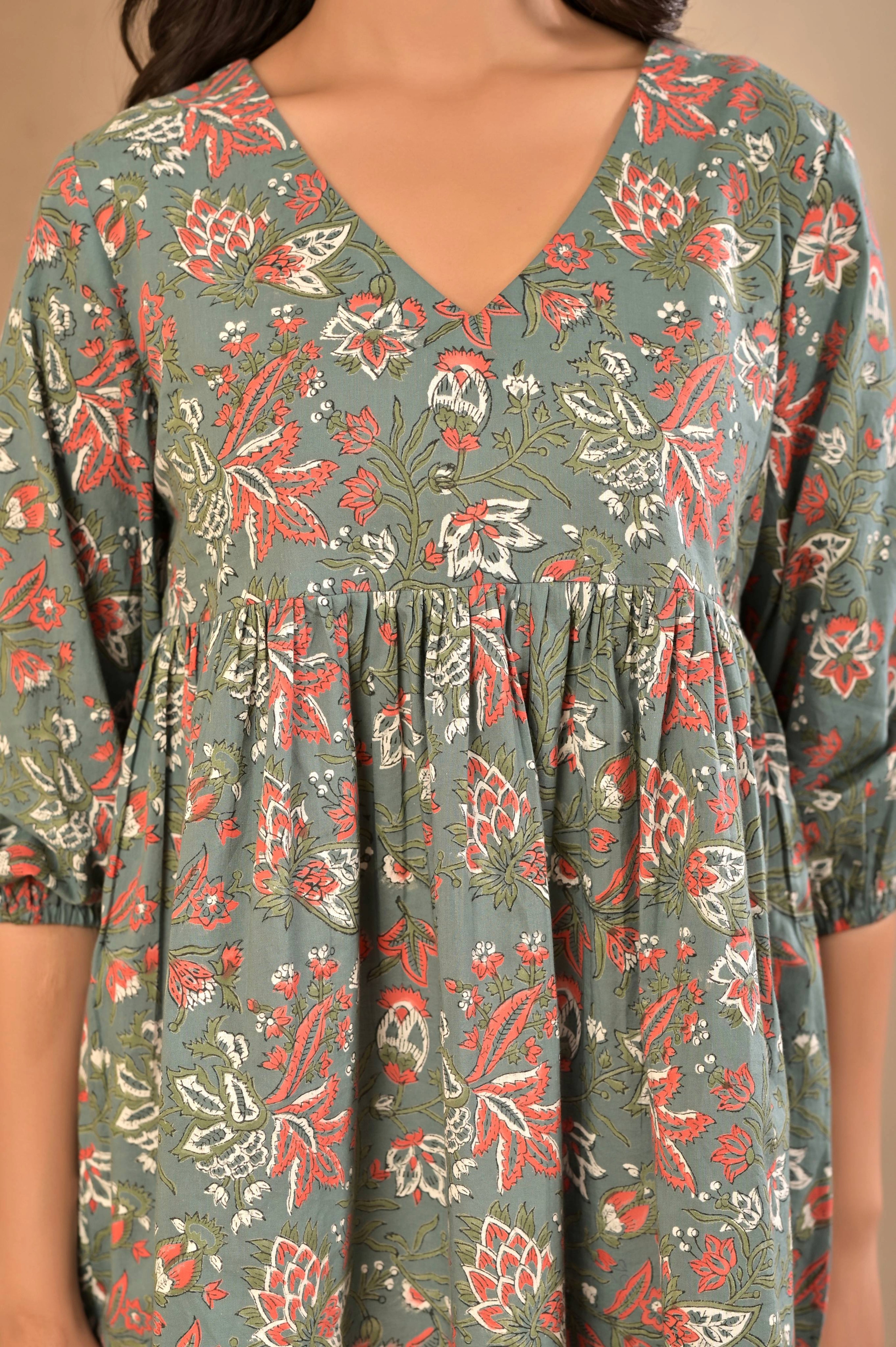 Pleated Cotton Block Print Kurti