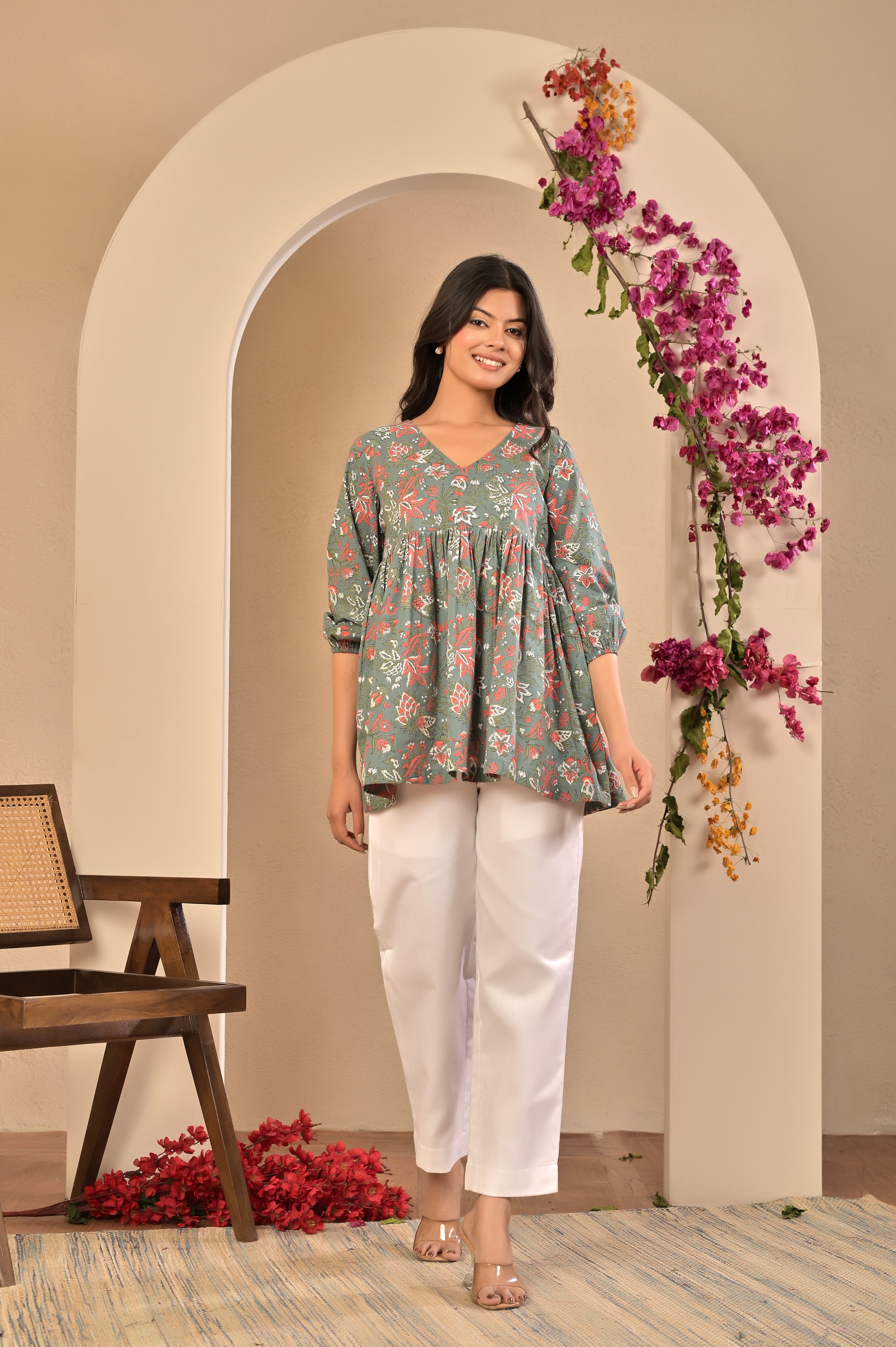 Pleated Cotton Block Print Kurti