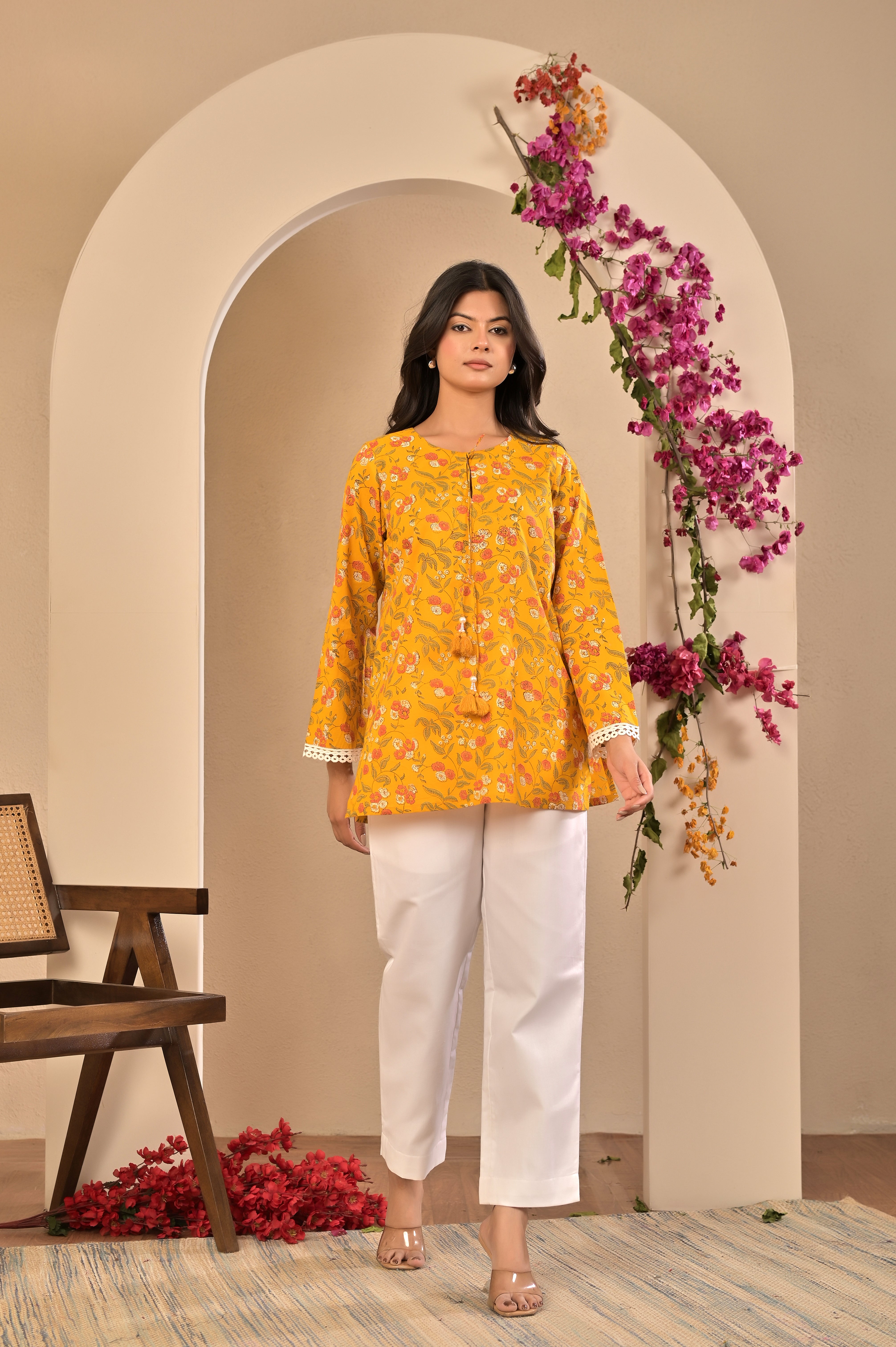 Bright Yellow Lace-Detailed Summer Kurti