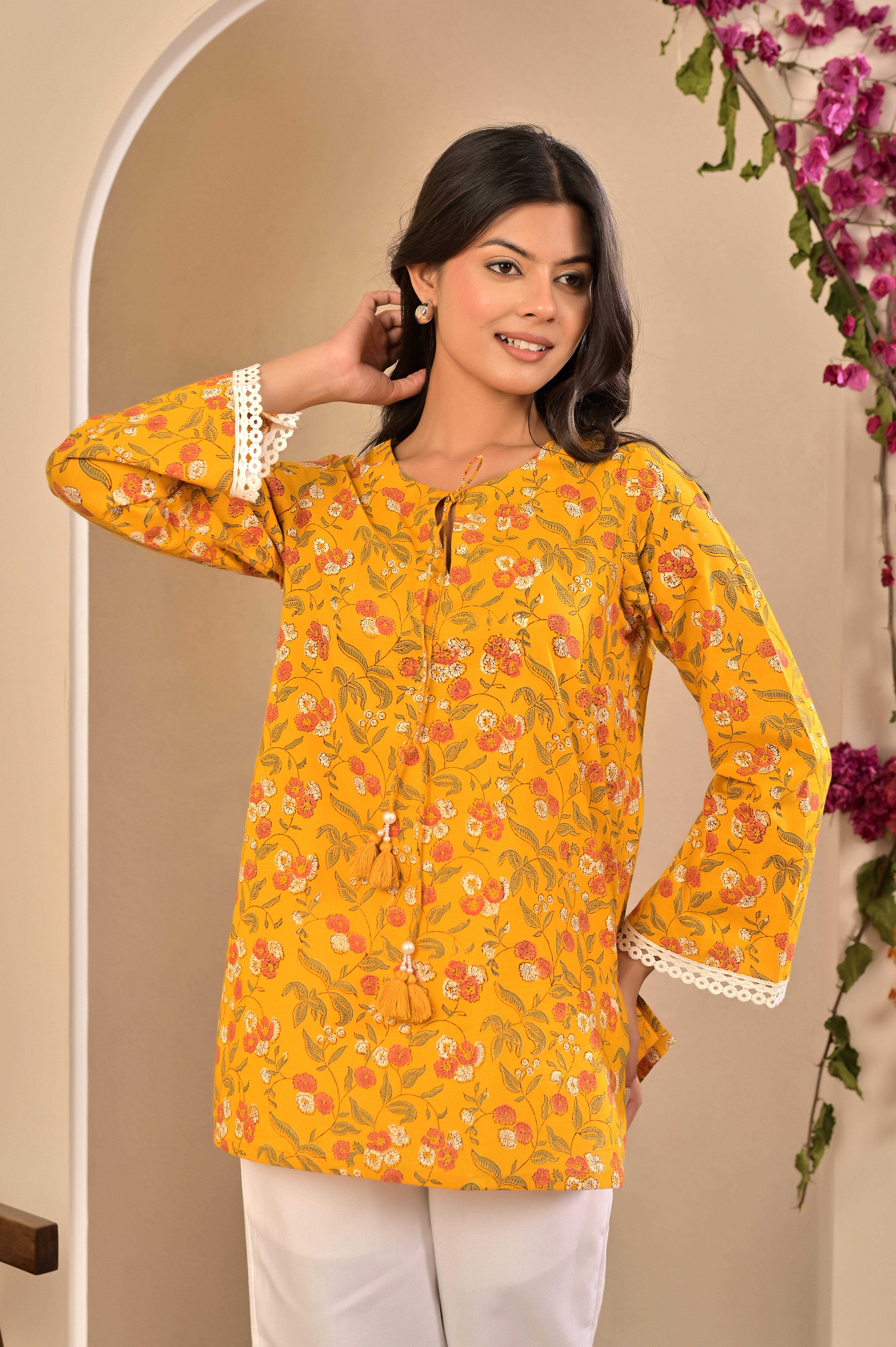 Bright Yellow Lace-Detailed Summer Kurti
