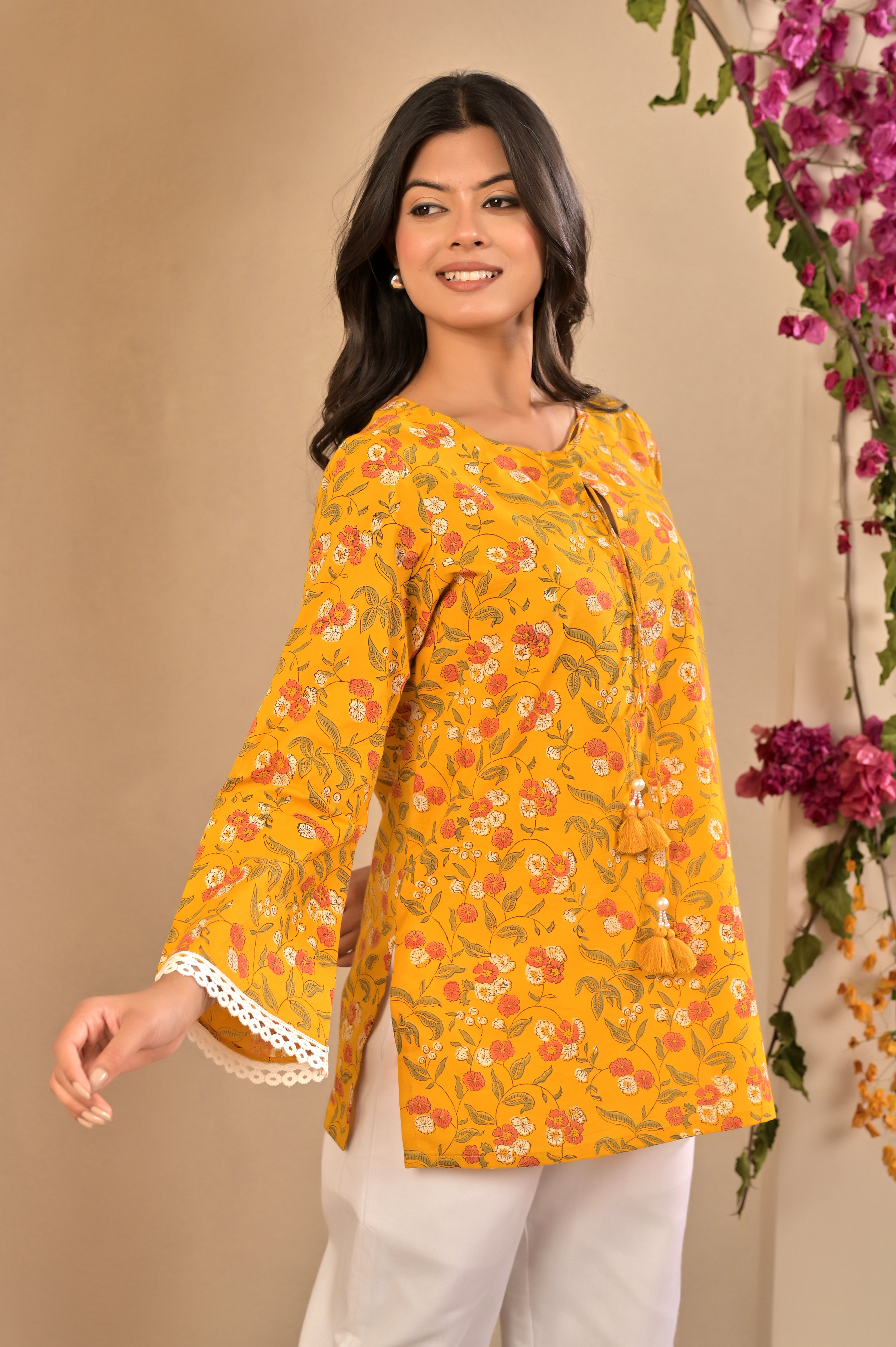 Bright Yellow Lace-Detailed Summer Kurti