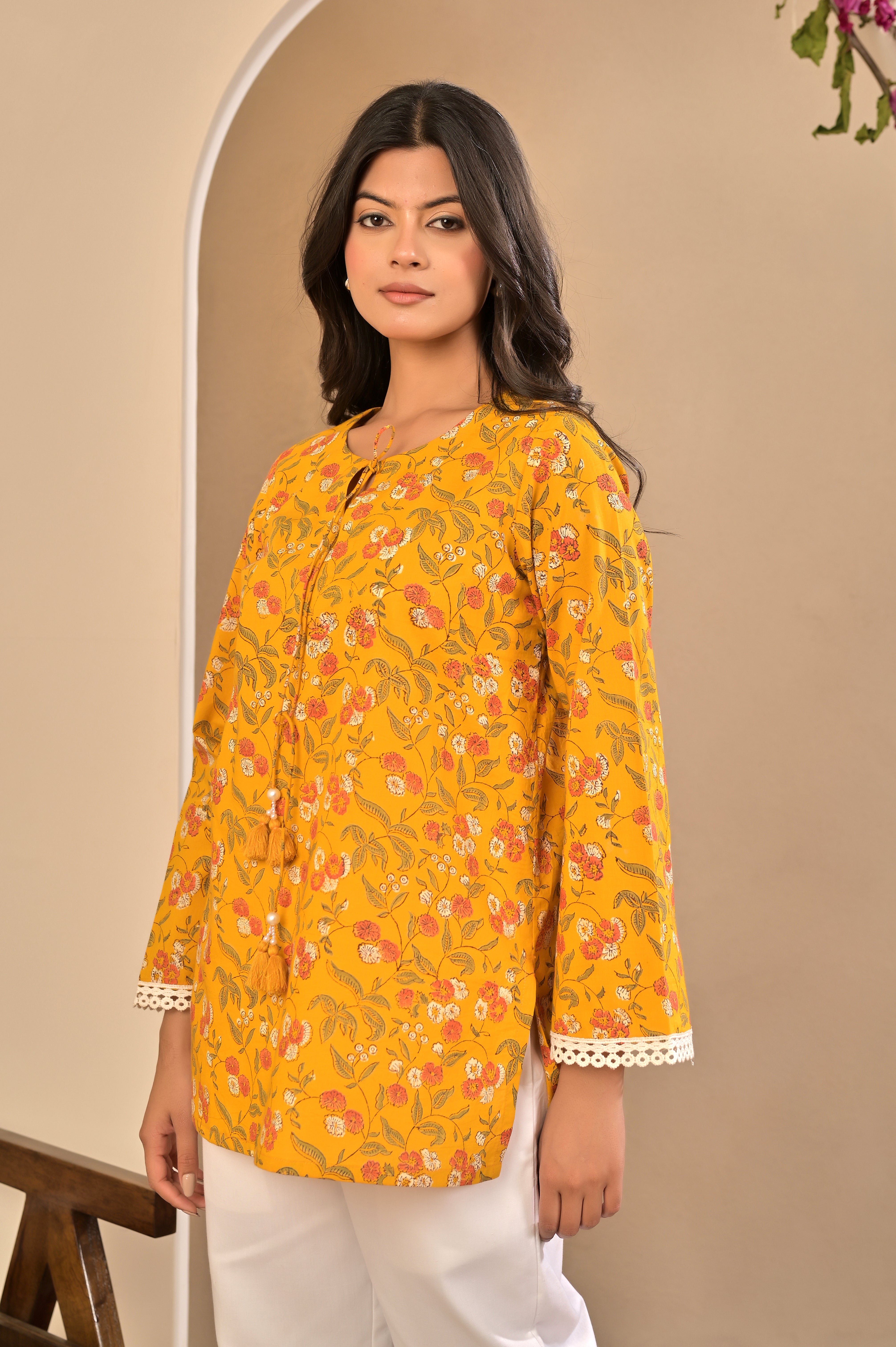 Bright Yellow Lace-Detailed Summer Kurti