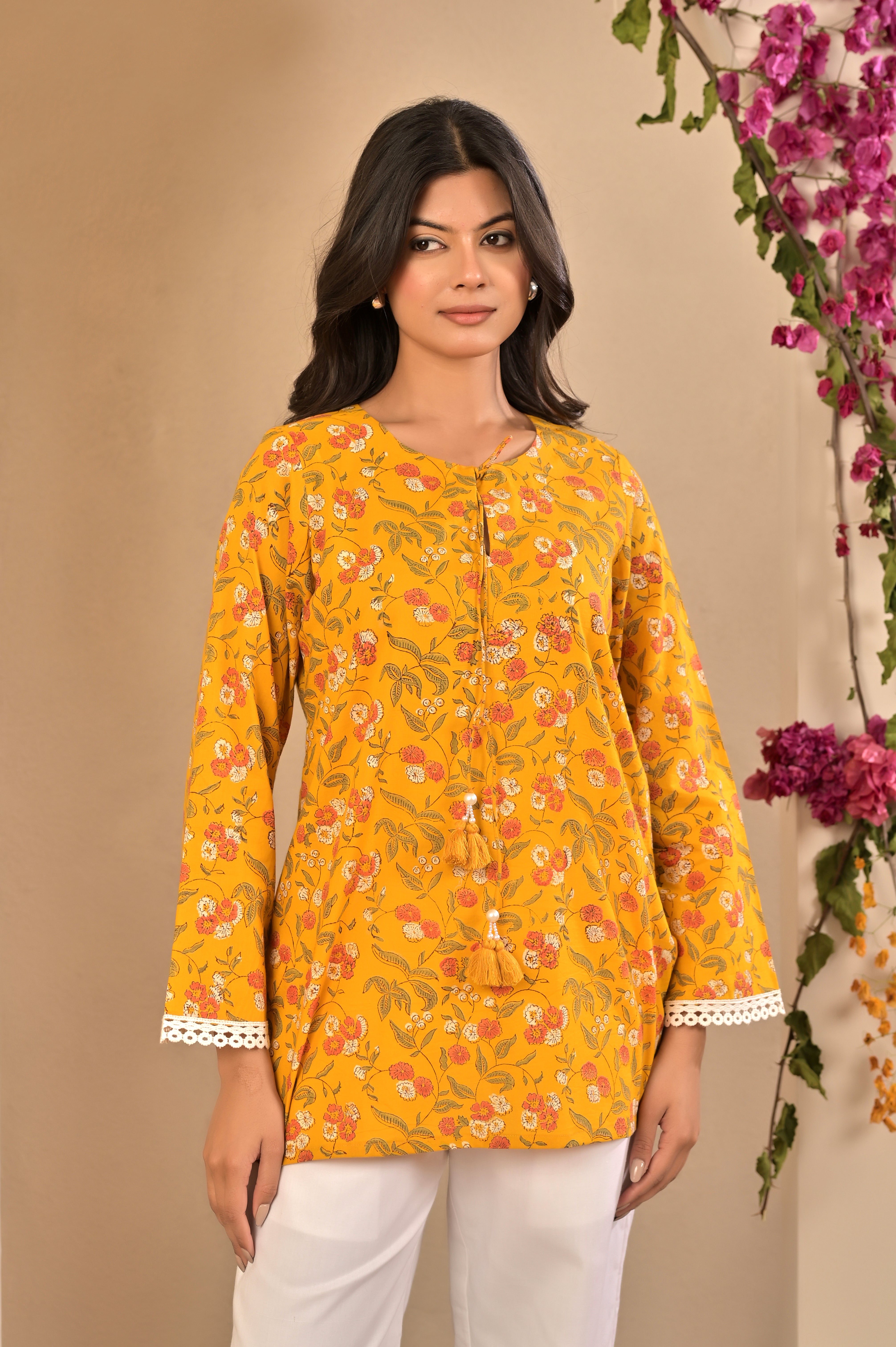 Bright Yellow Lace-Detailed Summer Kurti