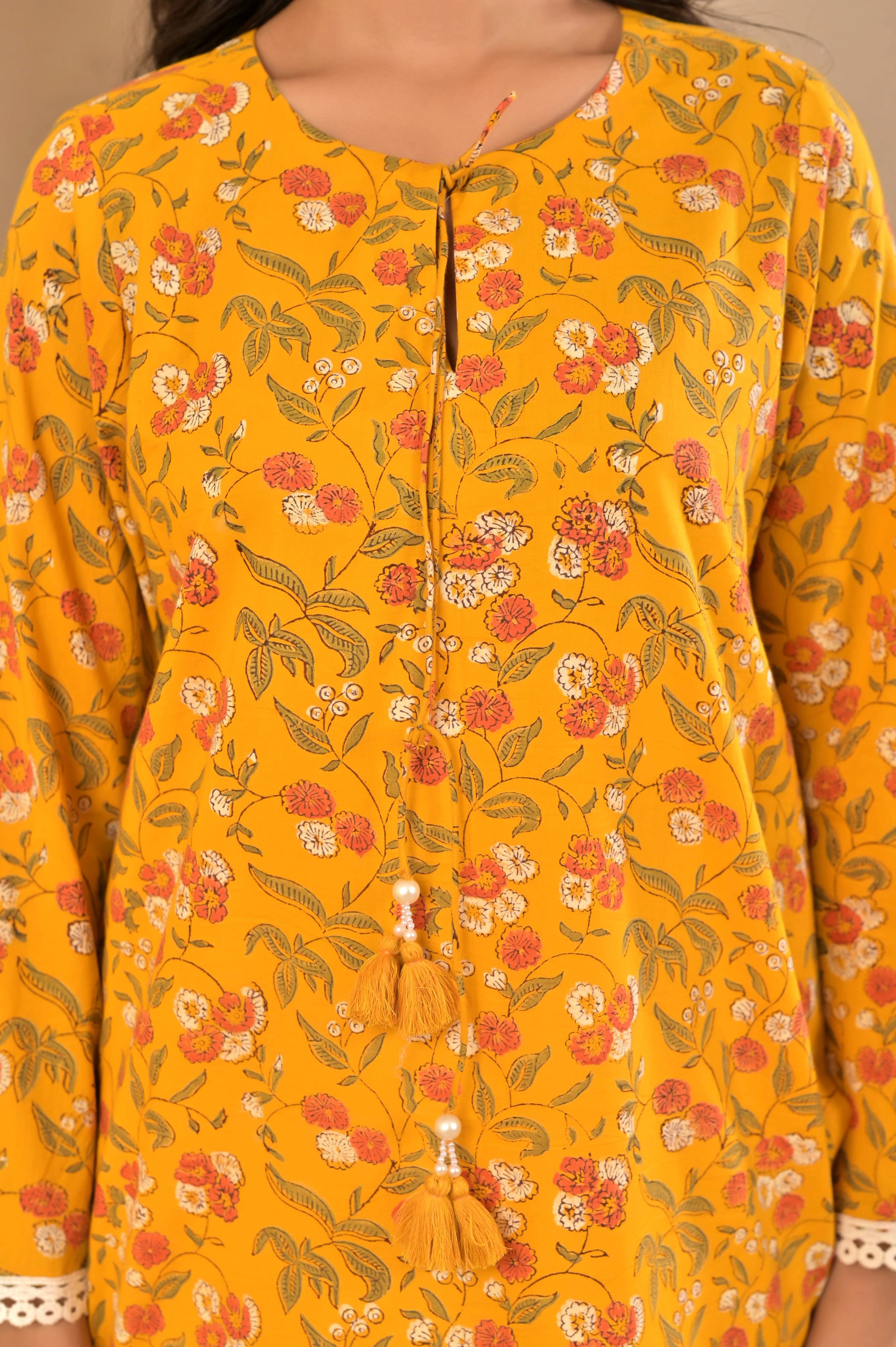 Bright Yellow Lace-Detailed Summer Kurti