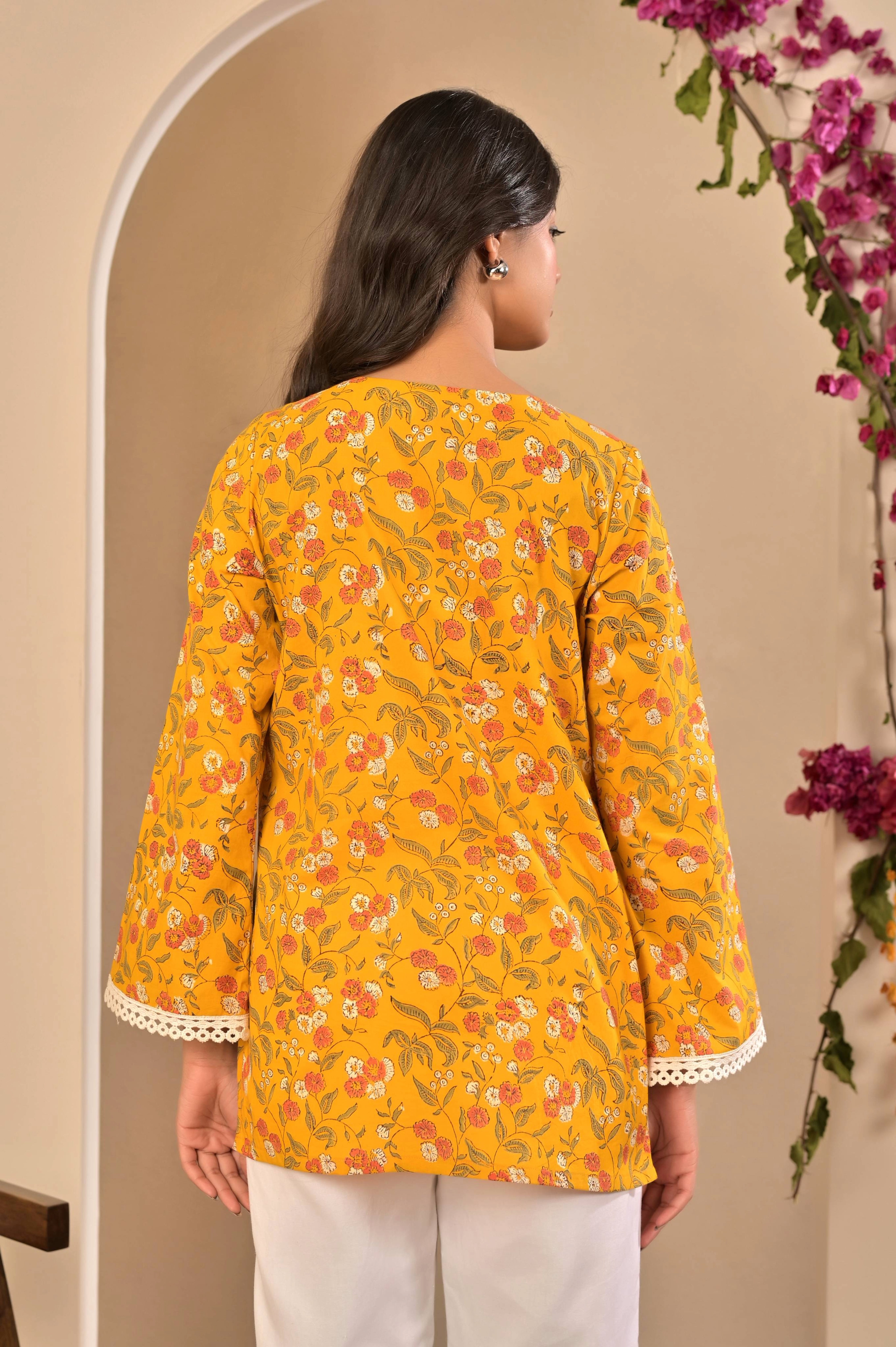 Bright Yellow Lace-Detailed Summer Kurti