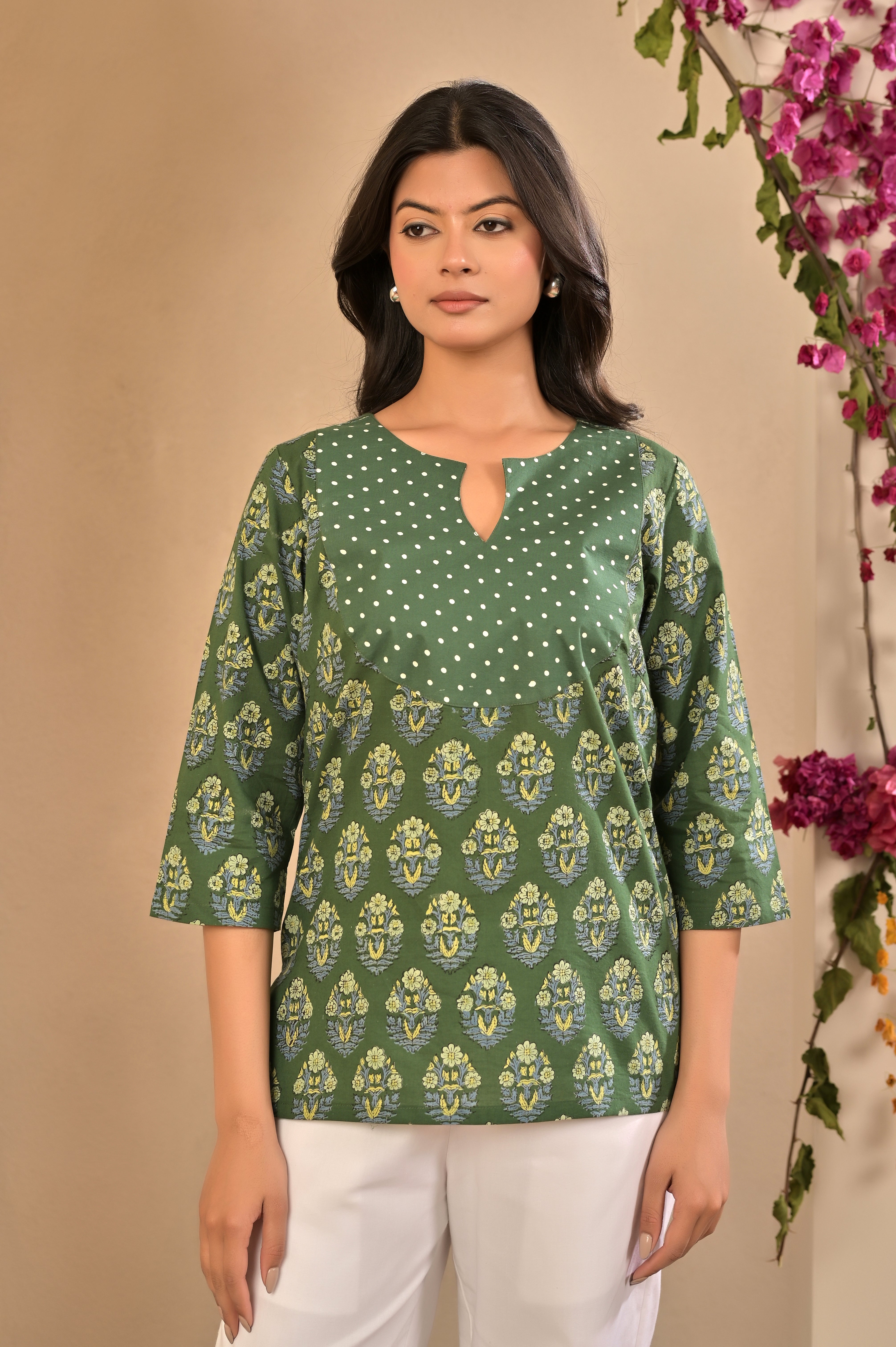 Dark Green Motif Print Kurti with Polka Dot Neck
