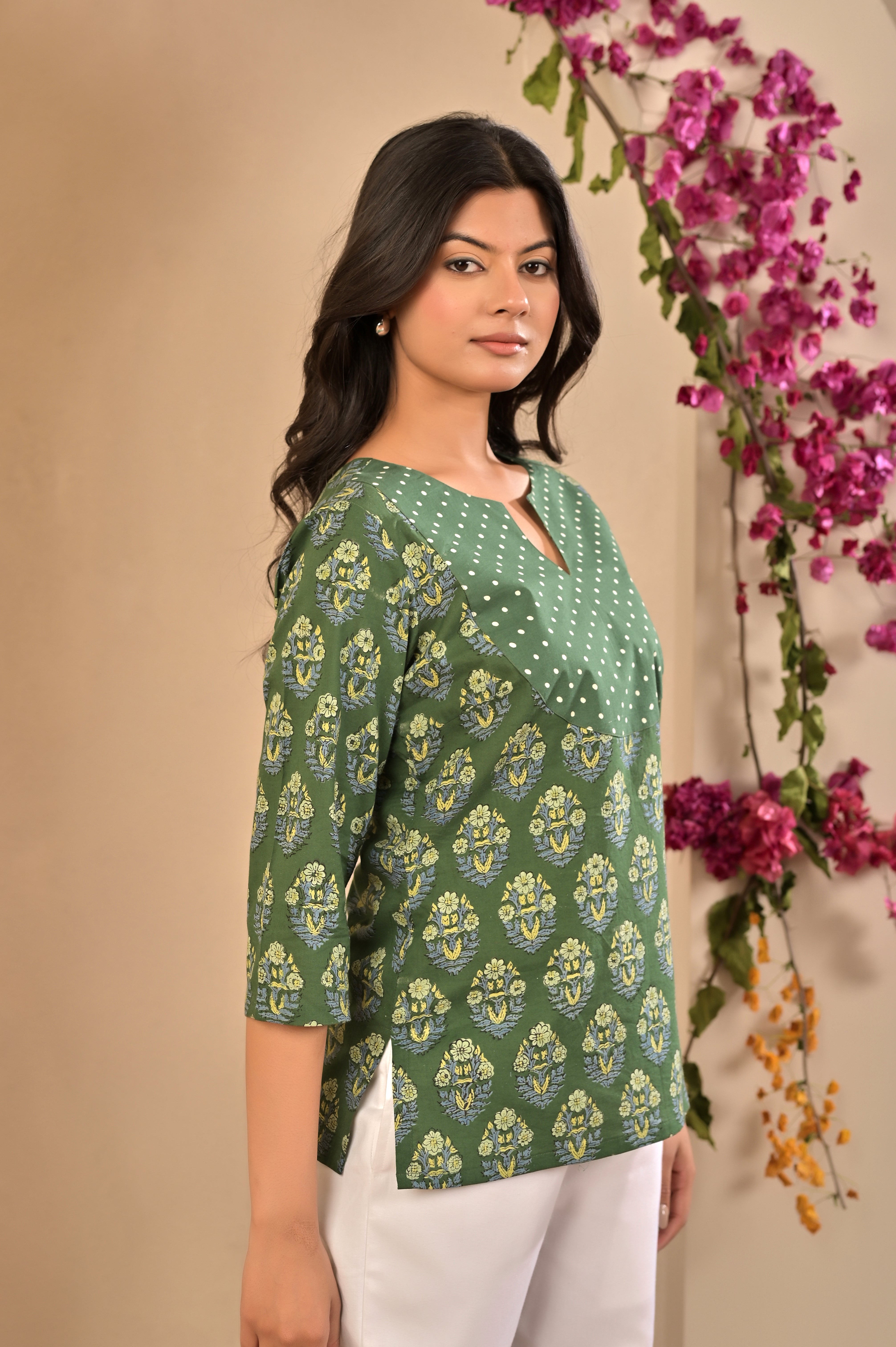 Dark Green Motif Print Kurti with Polka Dot Neck