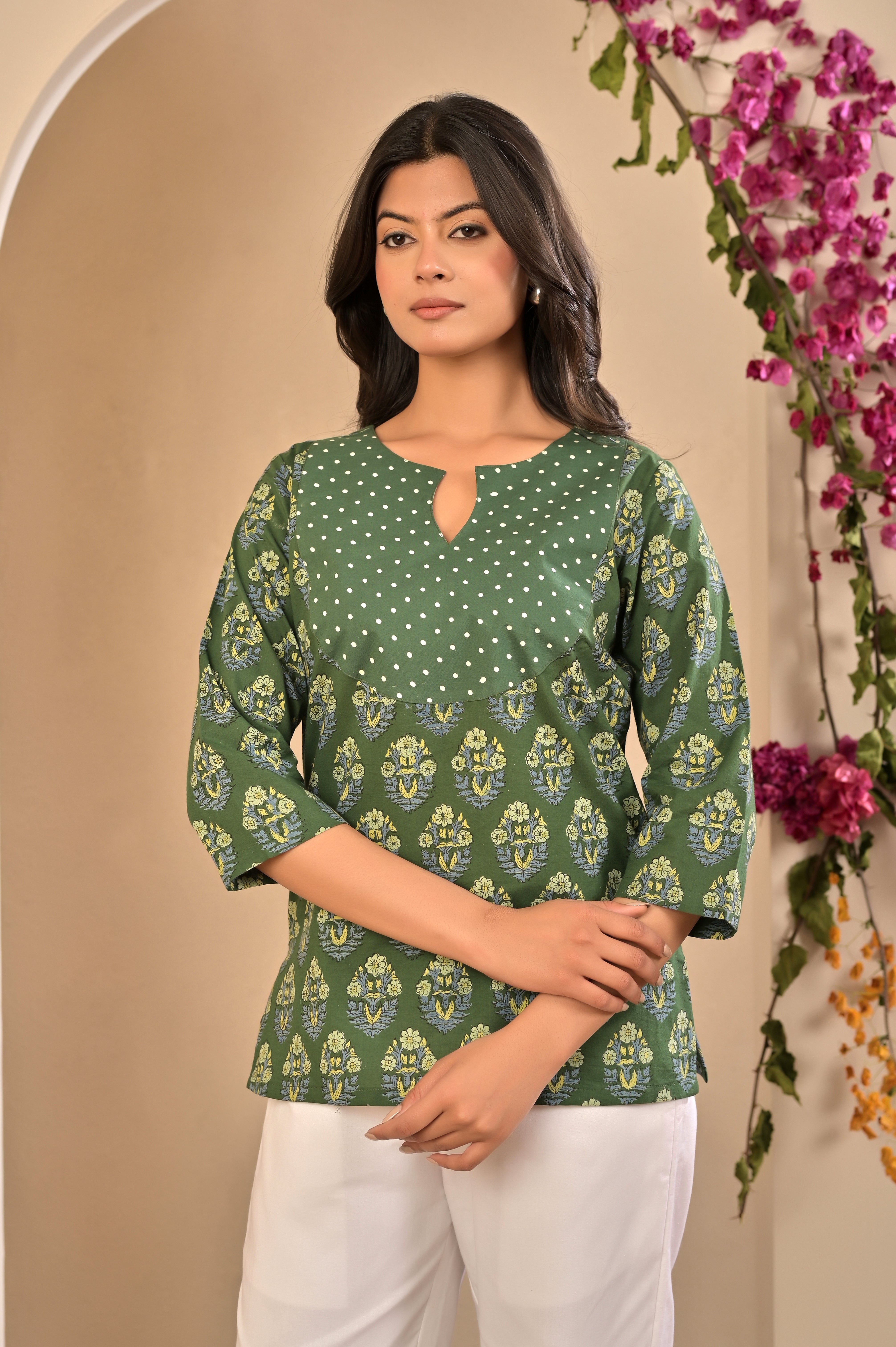 Dark Green Motif Print Kurti with Polka Dot Neck
