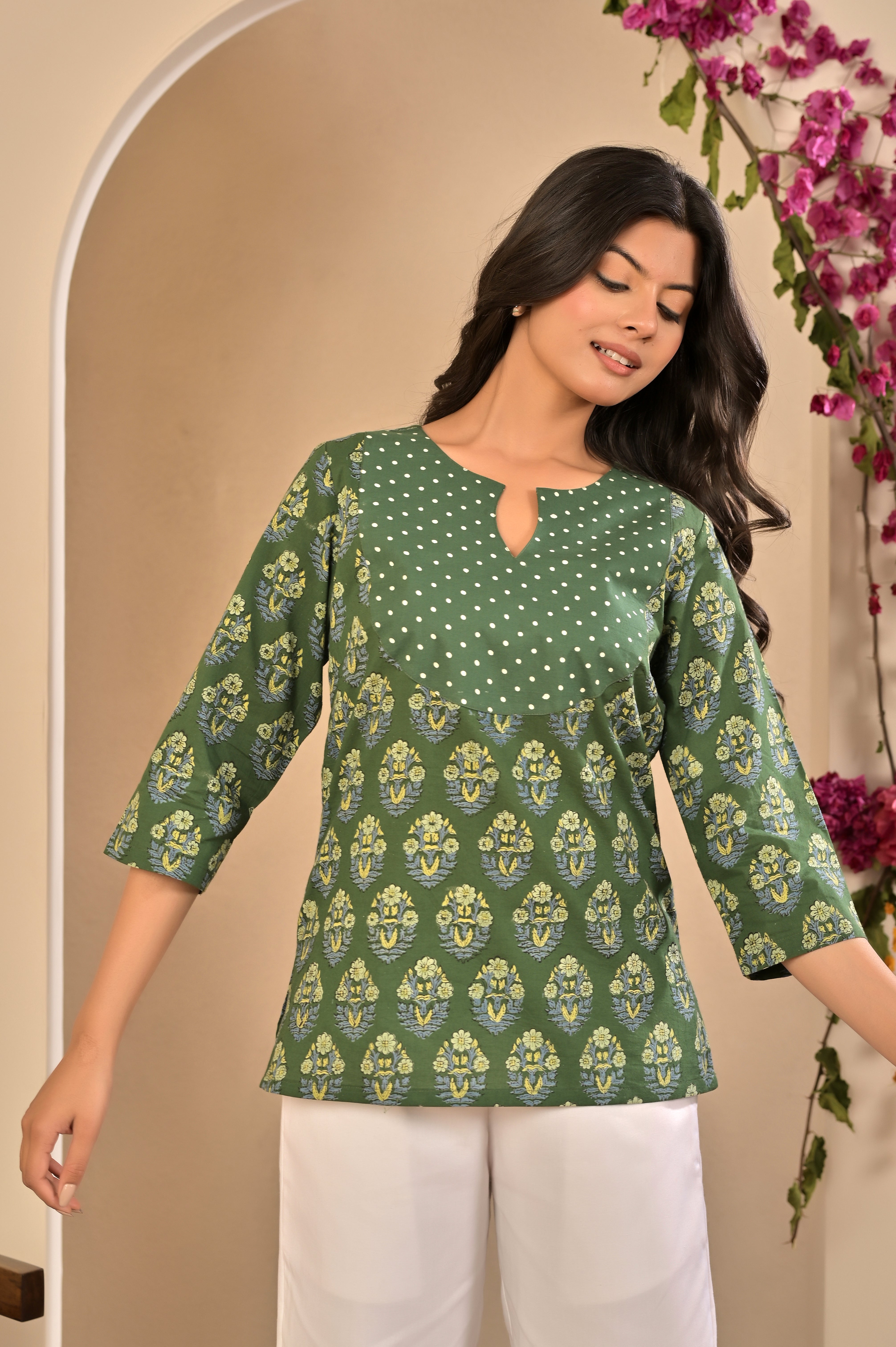 Dark Green Motif Print Kurti with Polka Dot Neck