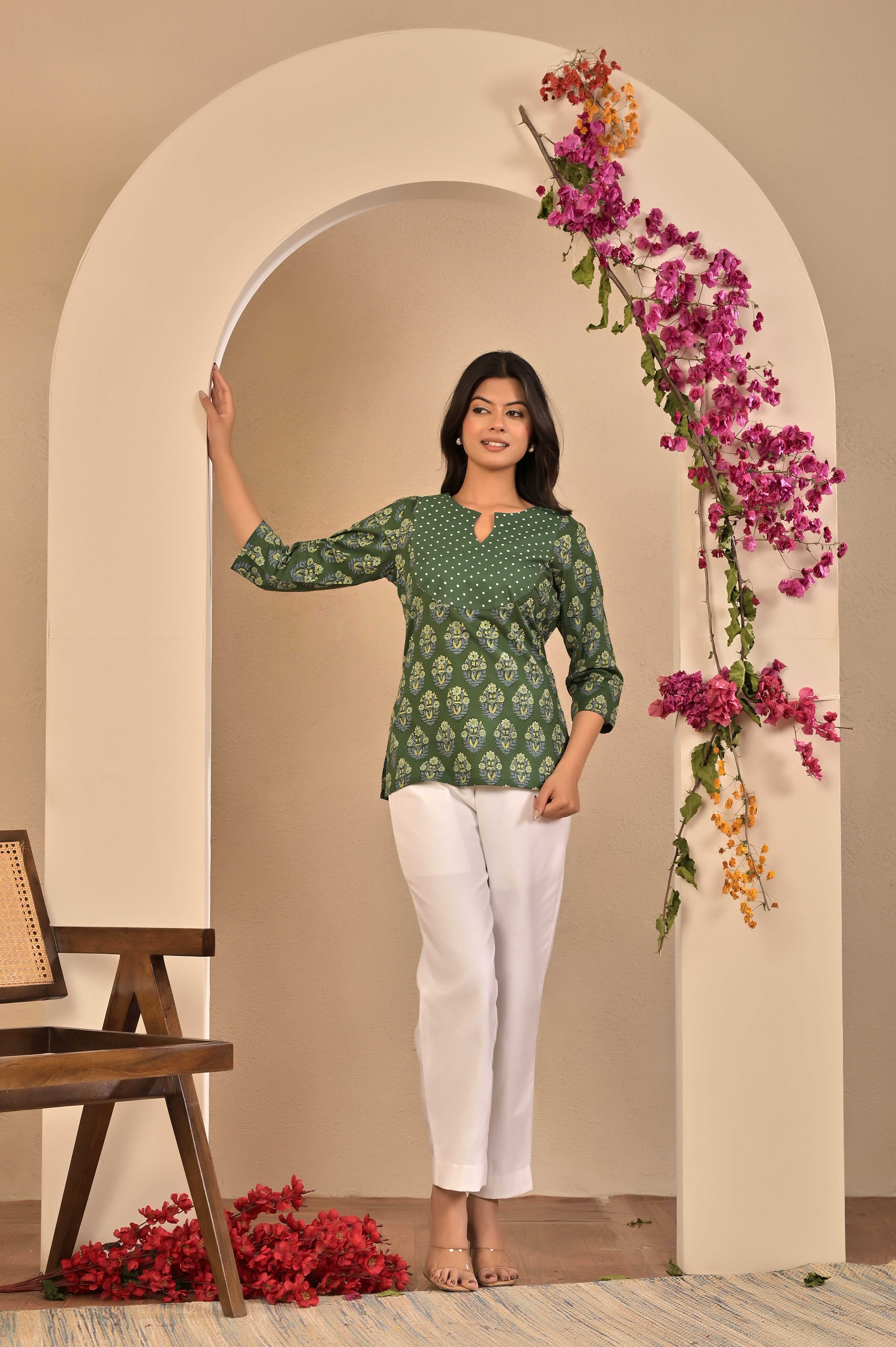 Dark Green Motif Print Kurti with Polka Dot Neck