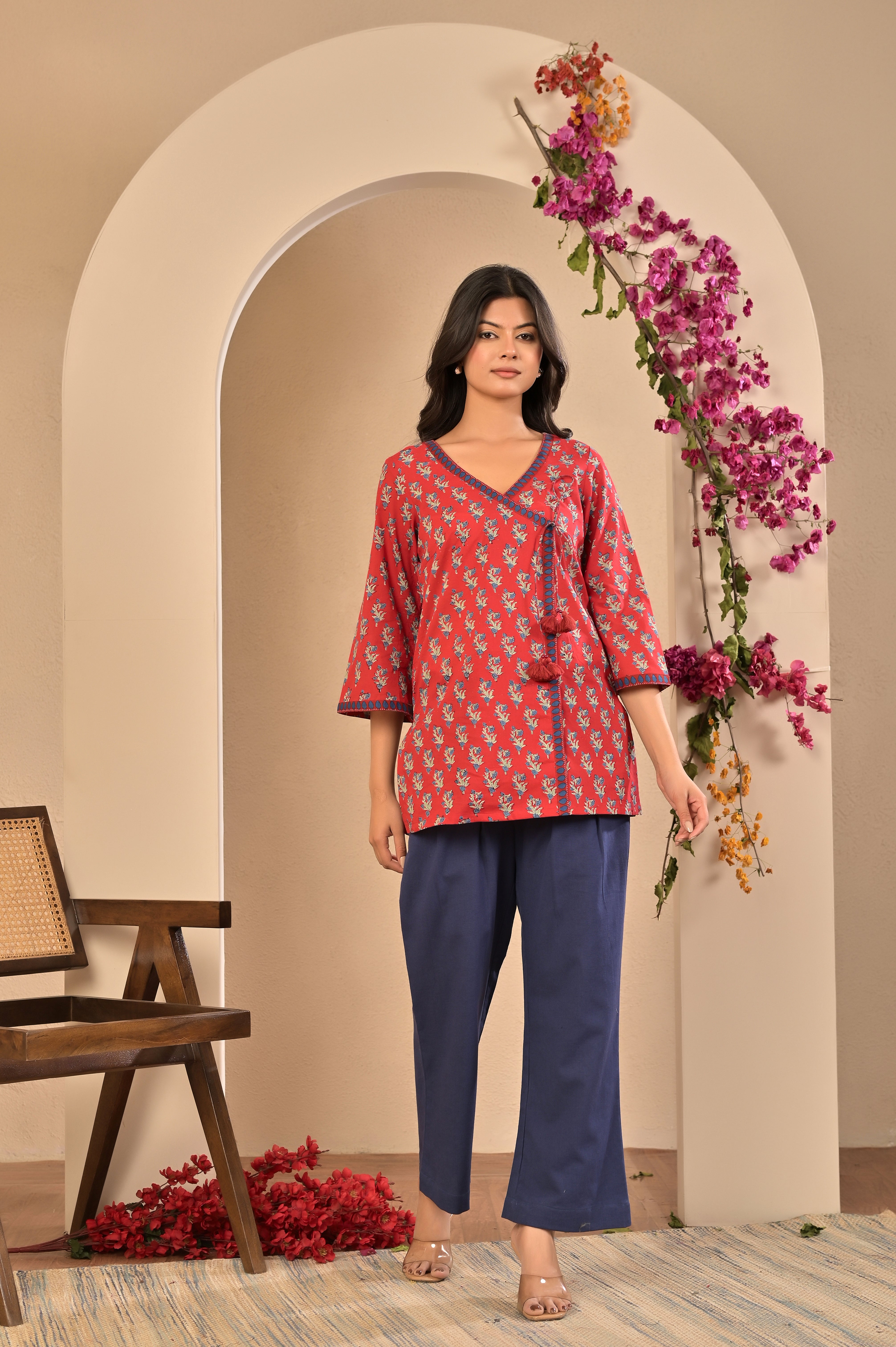Flared Mid-Length Ethnic Tunic with Tie-Up Detail