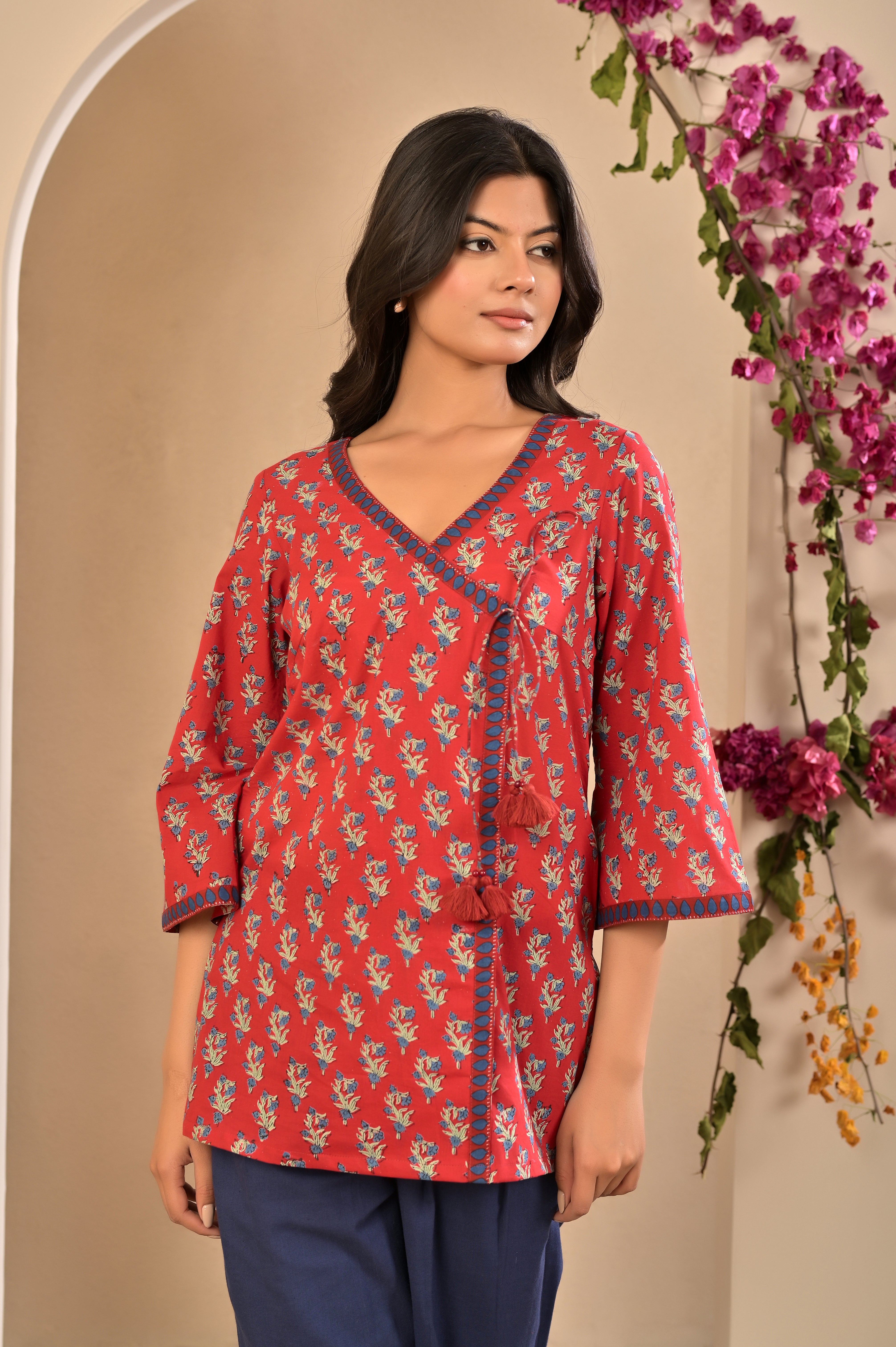 Flared Mid-Length Ethnic Tunic with Tie-Up Detail