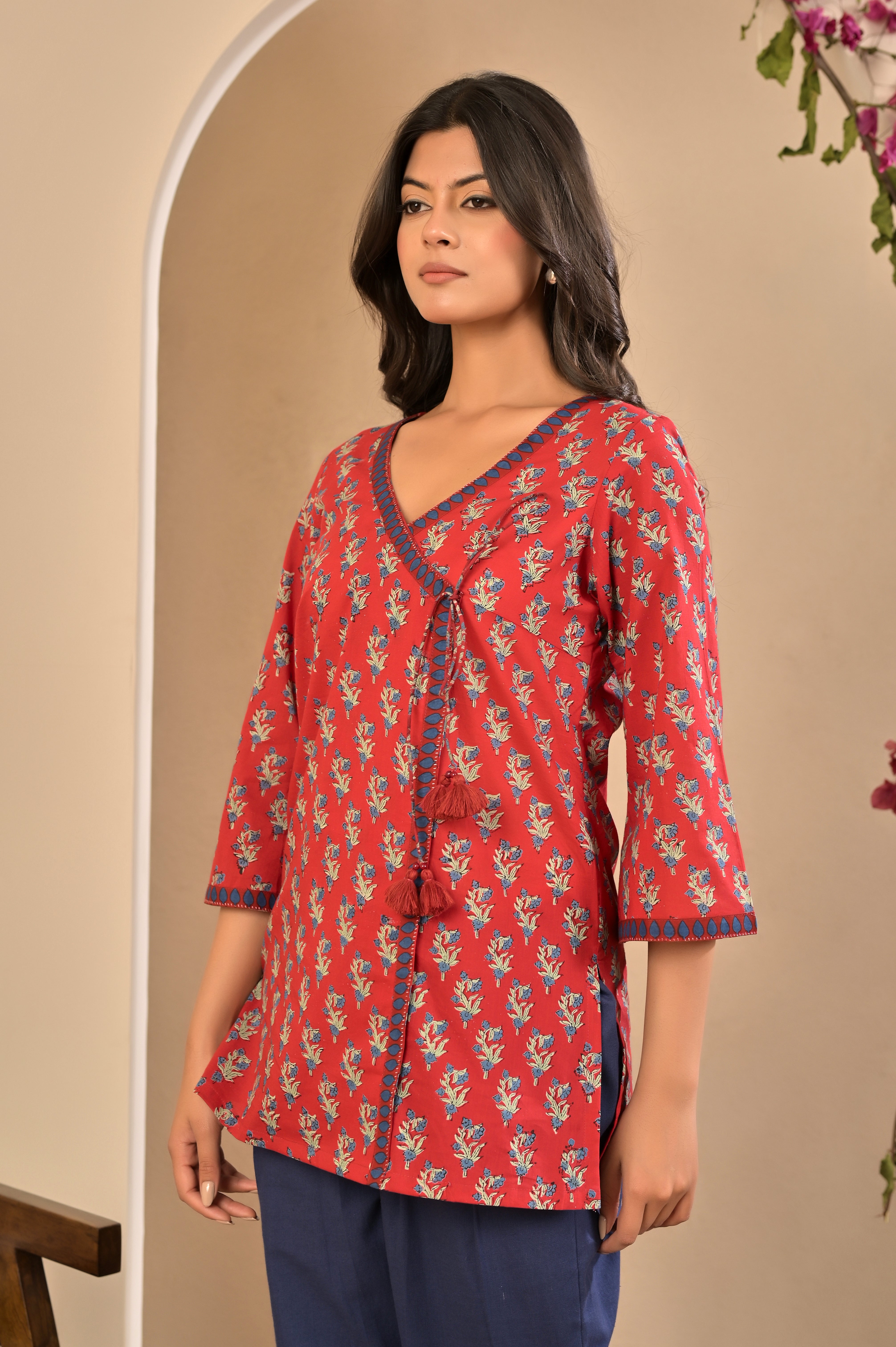 Flared Mid-Length Ethnic Tunic with Tie-Up Detail