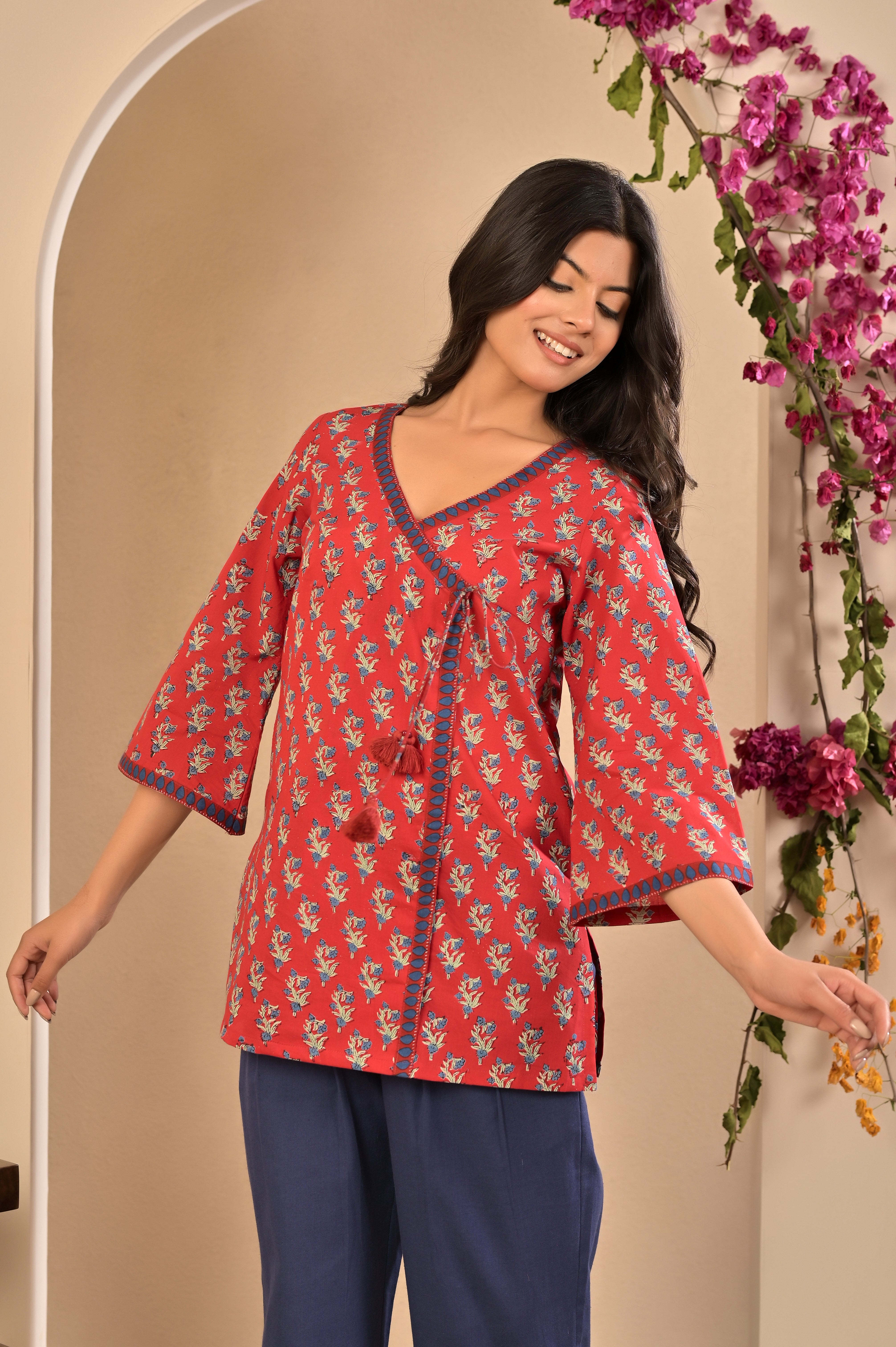 Flared Mid-Length Ethnic Tunic with Tie-Up Detail