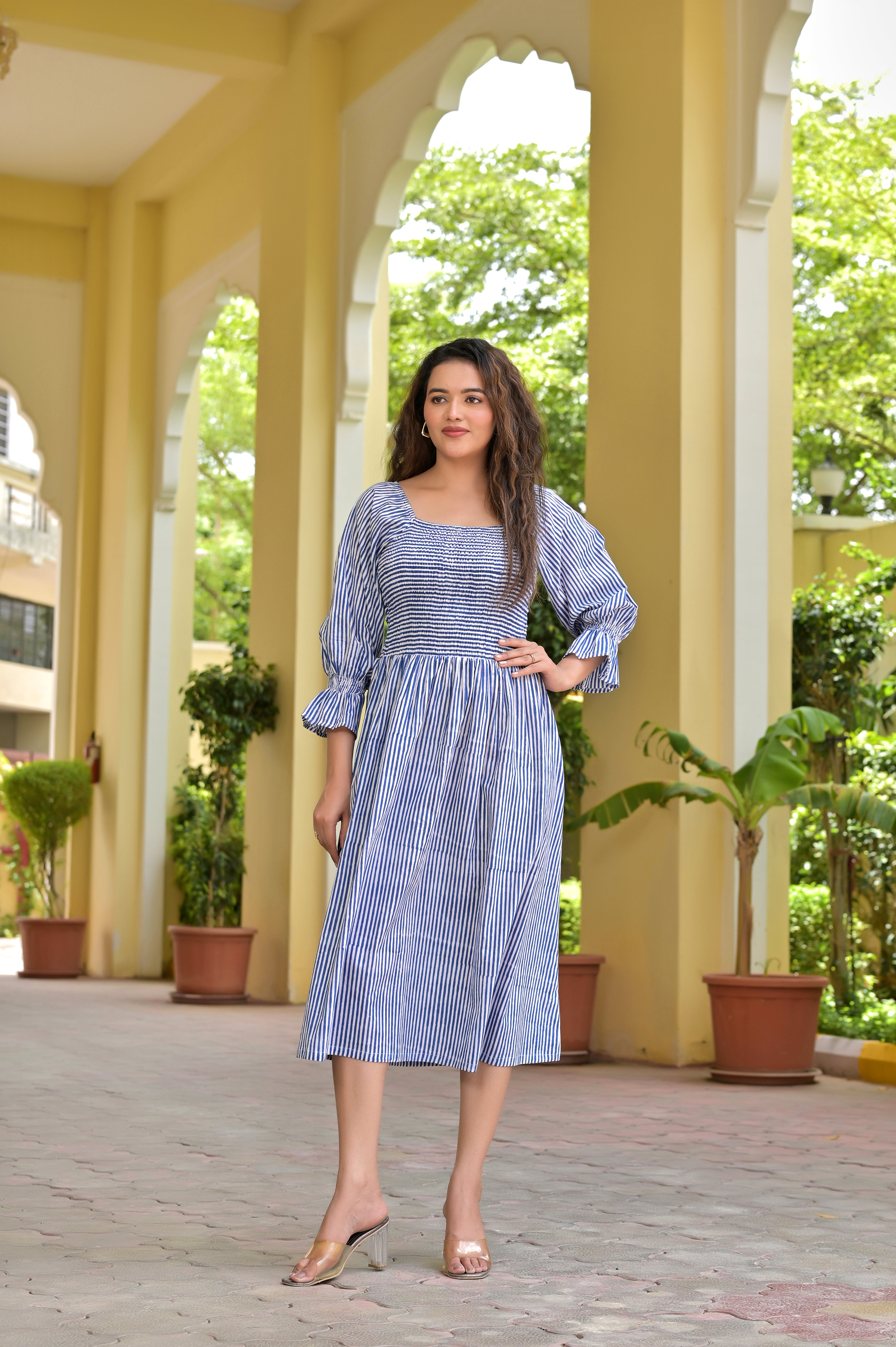 Breezy Stripes: Sky Blue Shirred Midi Dress