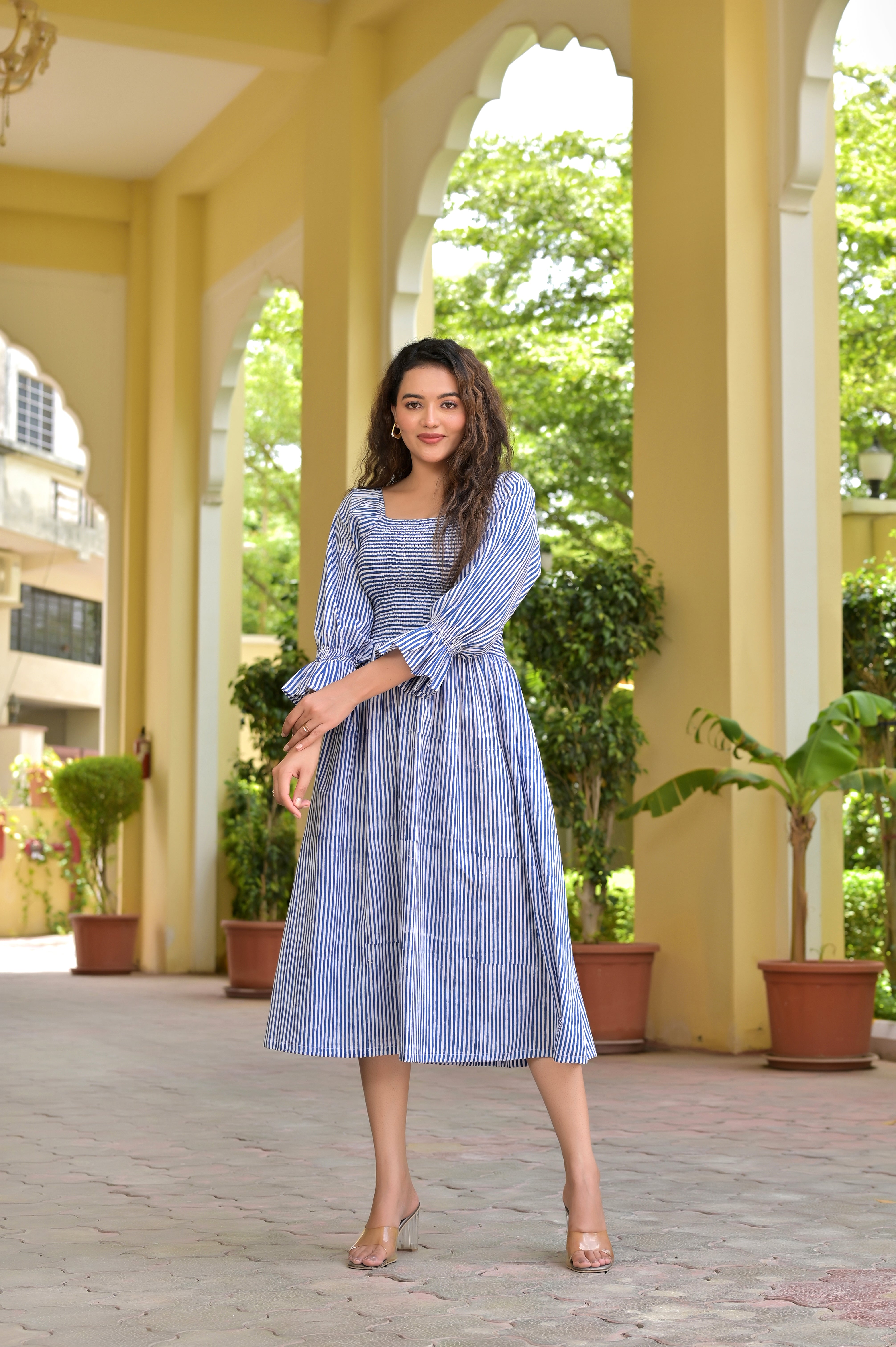 Breezy Stripes: Sky Blue Shirred Midi Dress