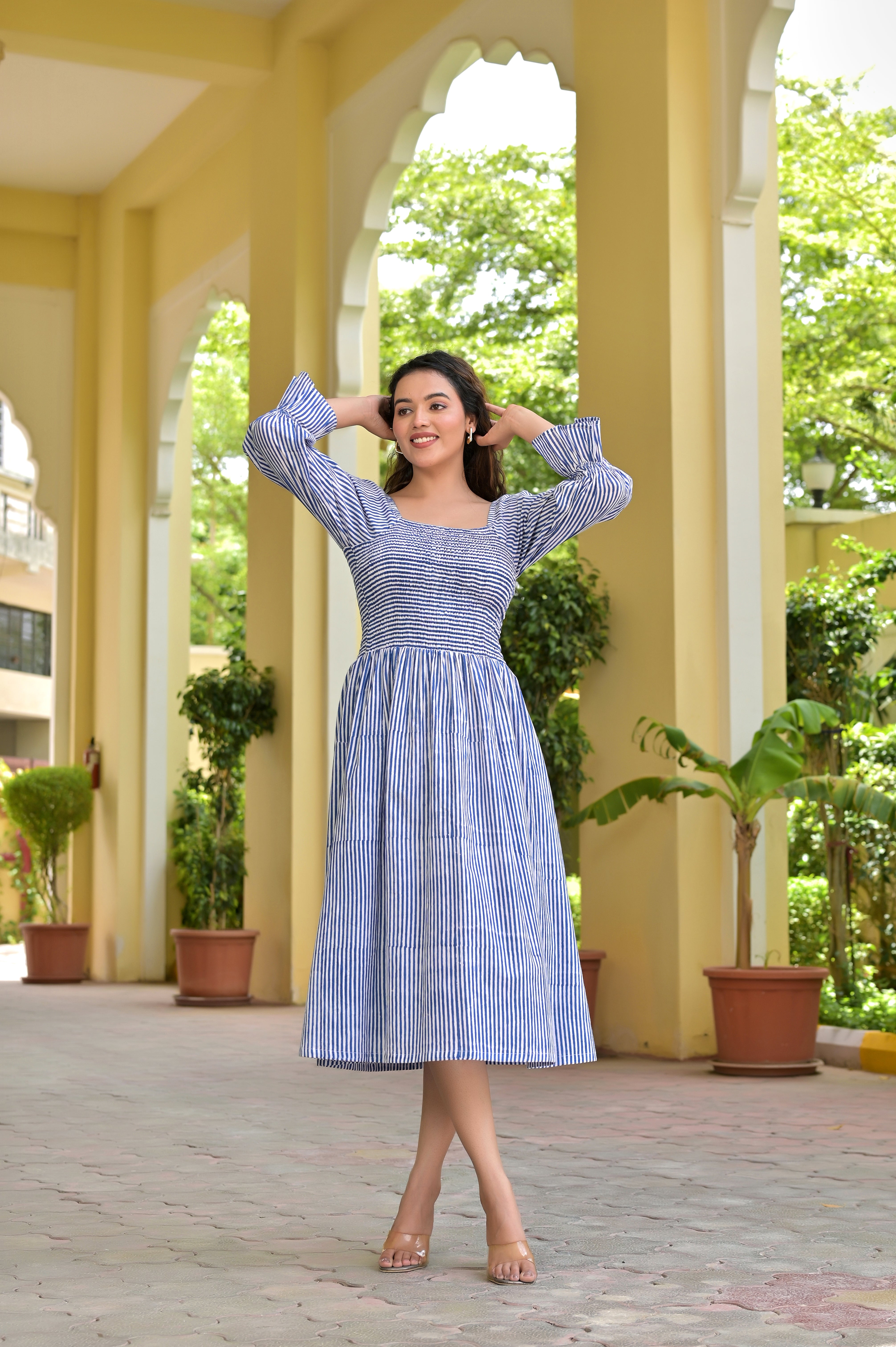 Breezy Stripes: Sky Blue Shirred Midi Dress