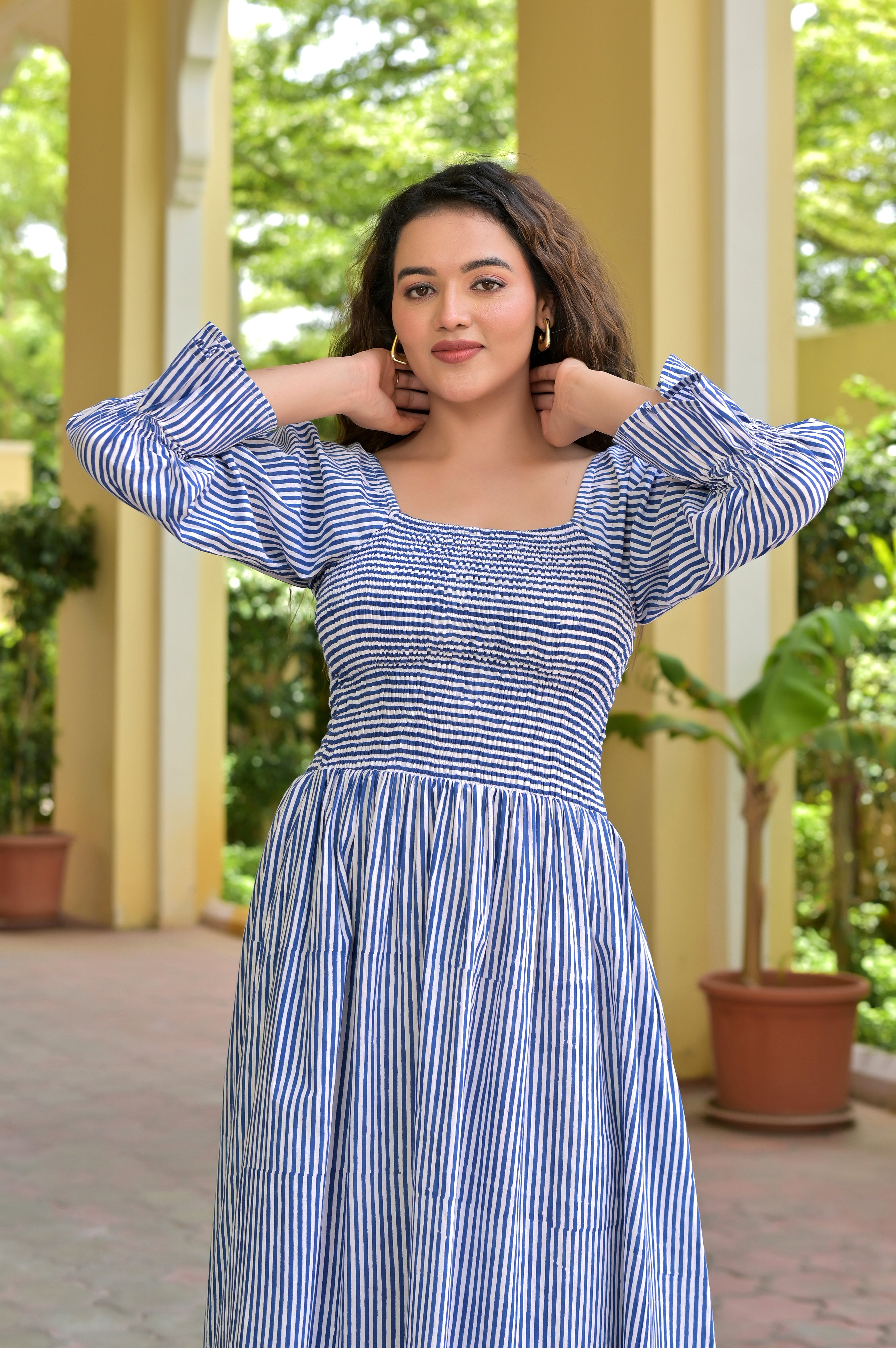 Breezy Stripes: Sky Blue Shirred Midi Dress