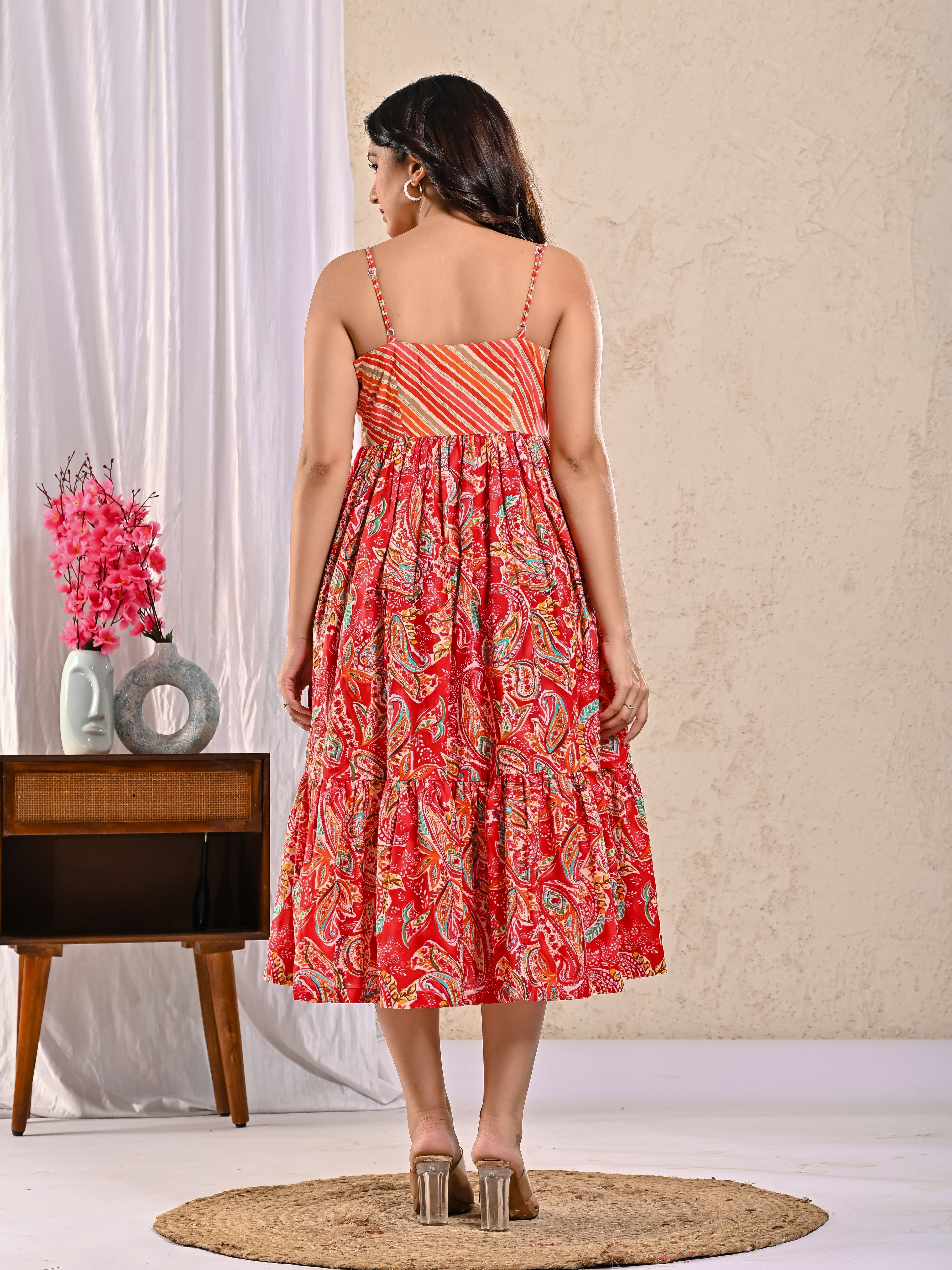 Pink Multicolor Lehariya Noodle Strap Dress