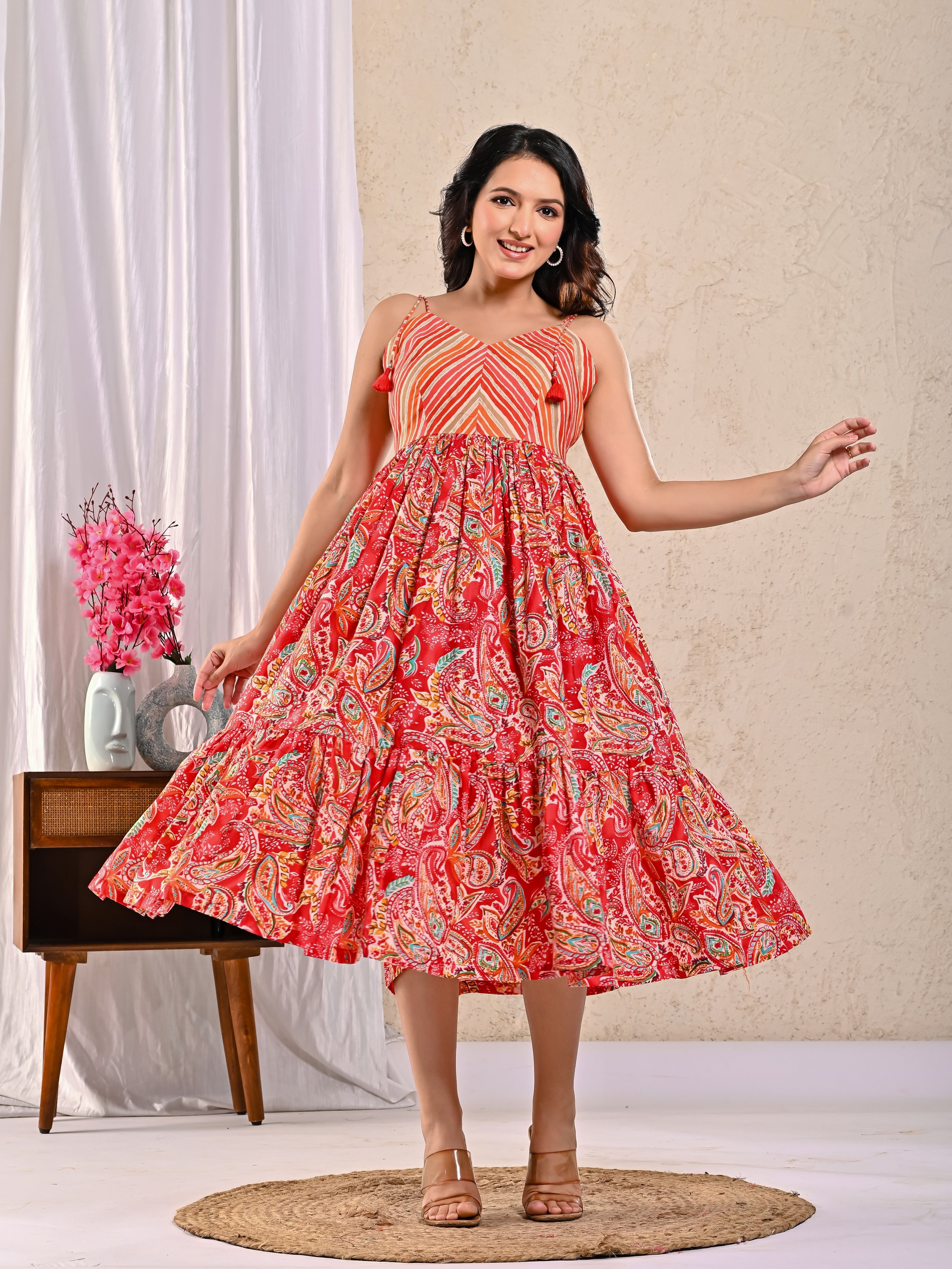 Pink Multicolor Lehariya Noodle Strap Dress